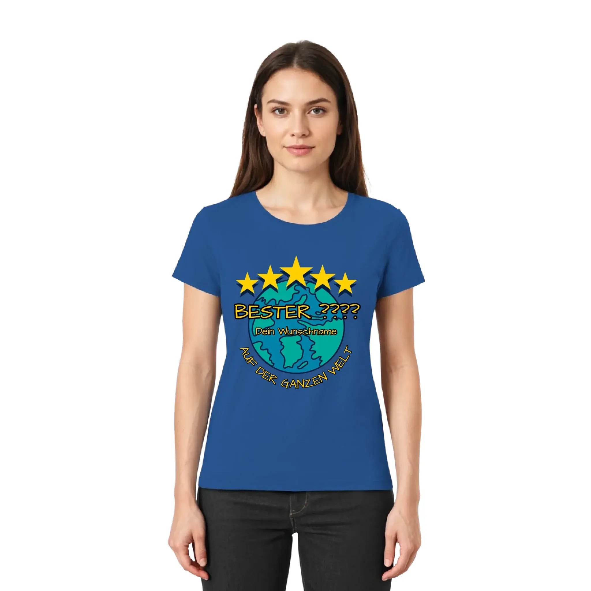 Blaues damen t-shirt mit gelben sternen, grünem globus und deutschem text aus der statement collection, personalisiert