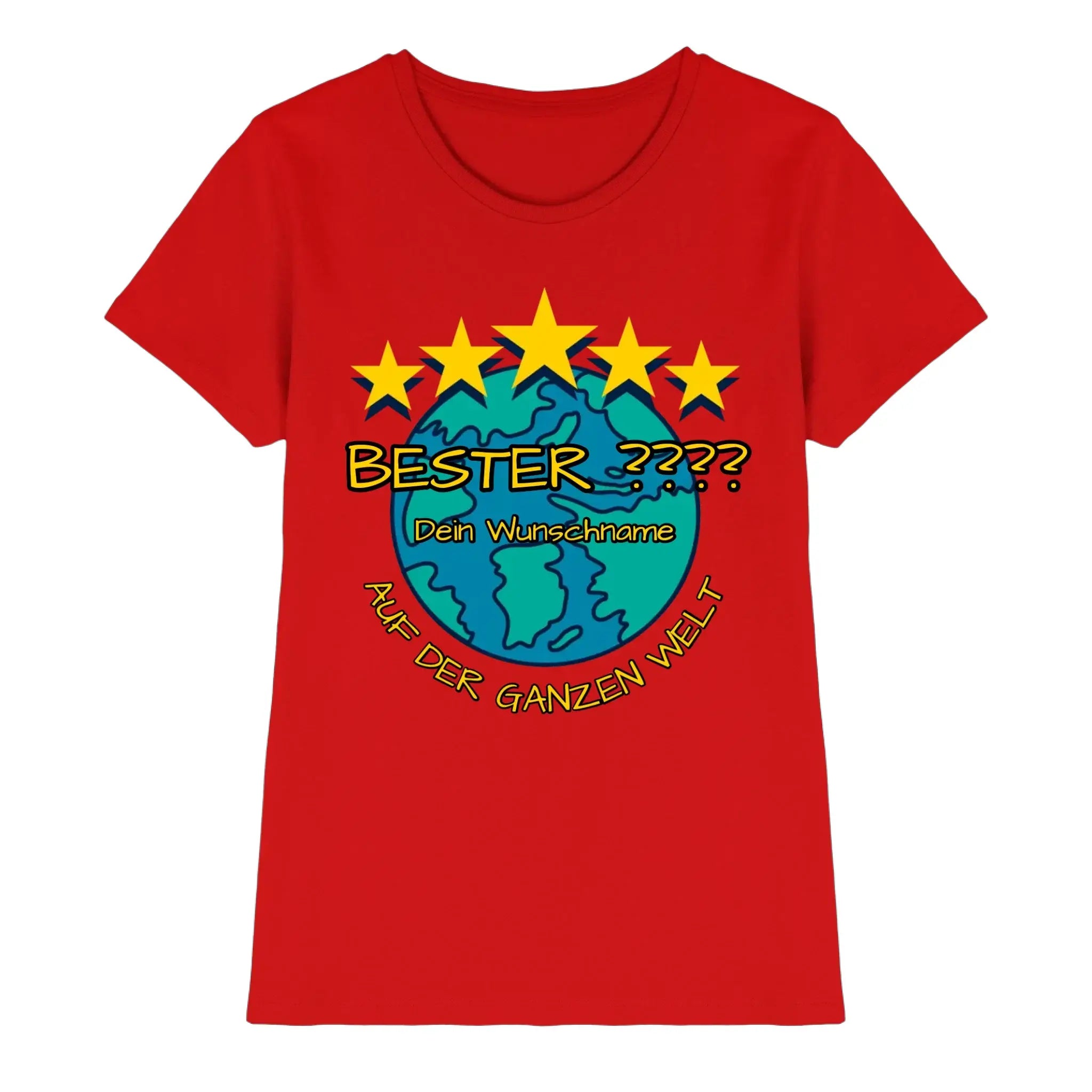 Rotes damen t-shirt mit 5 sterne motiv und globe grafik bester dein wunschname auf der ganzen welt in gelb