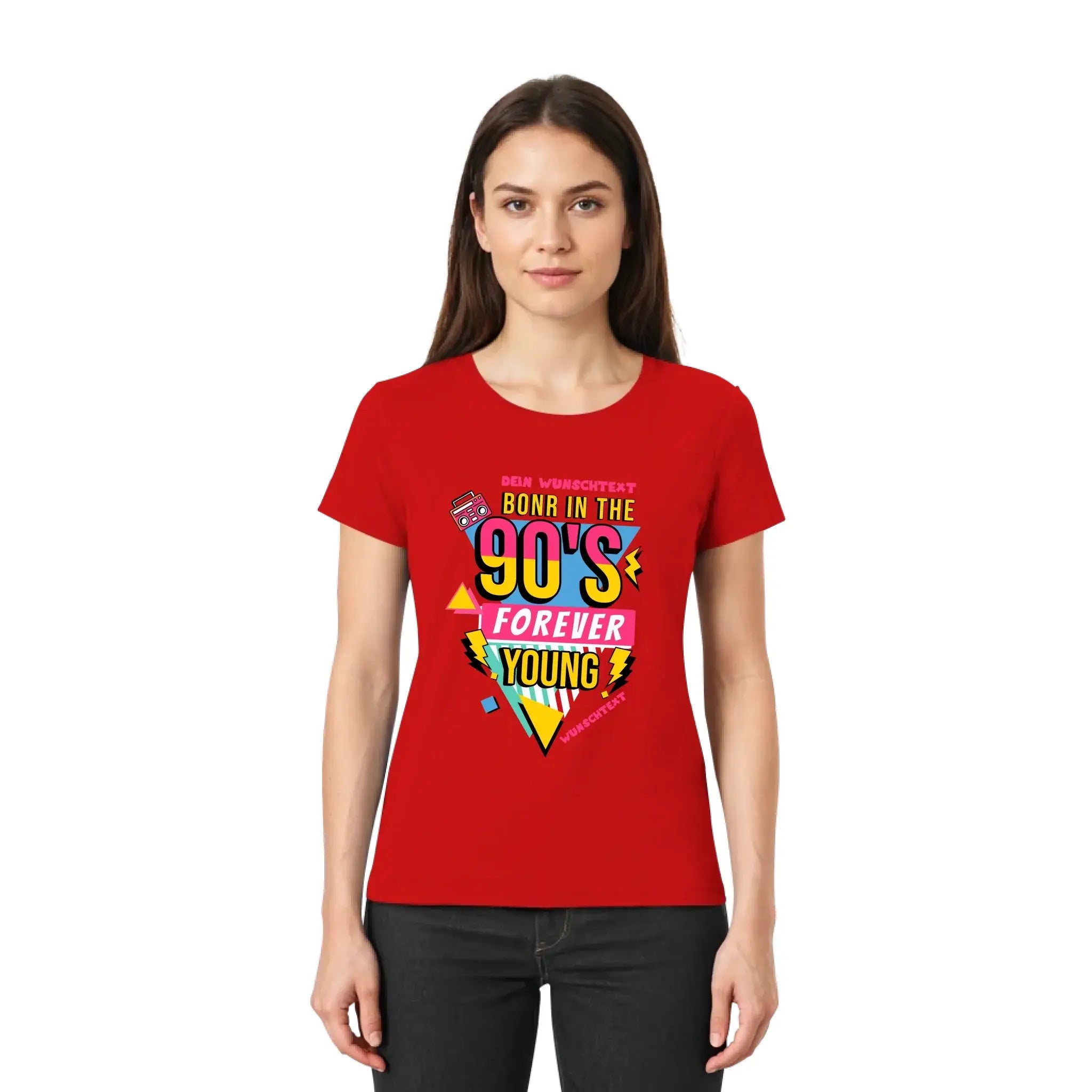 Rotes baumwoll t shirt mit lebendigem 90er jahre boombox design in gelb pink und türkis aus der statement collection