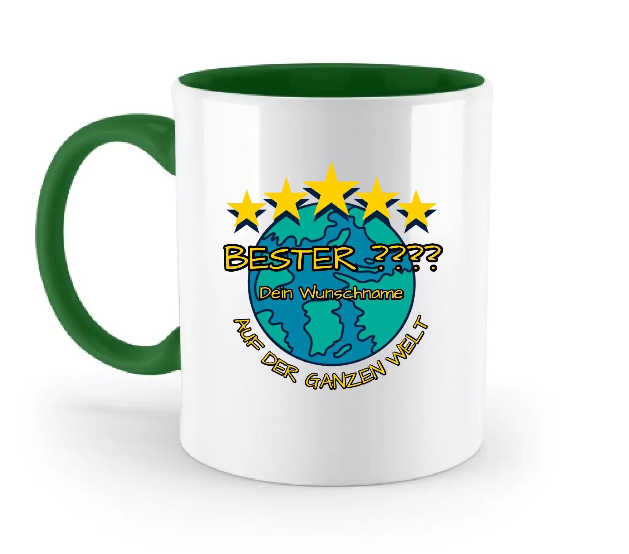 Weiße keramik Tasse mit grünem griff und innenraum, buntem Globusmotiv, gelben Sternen und deutschem text personalisiert