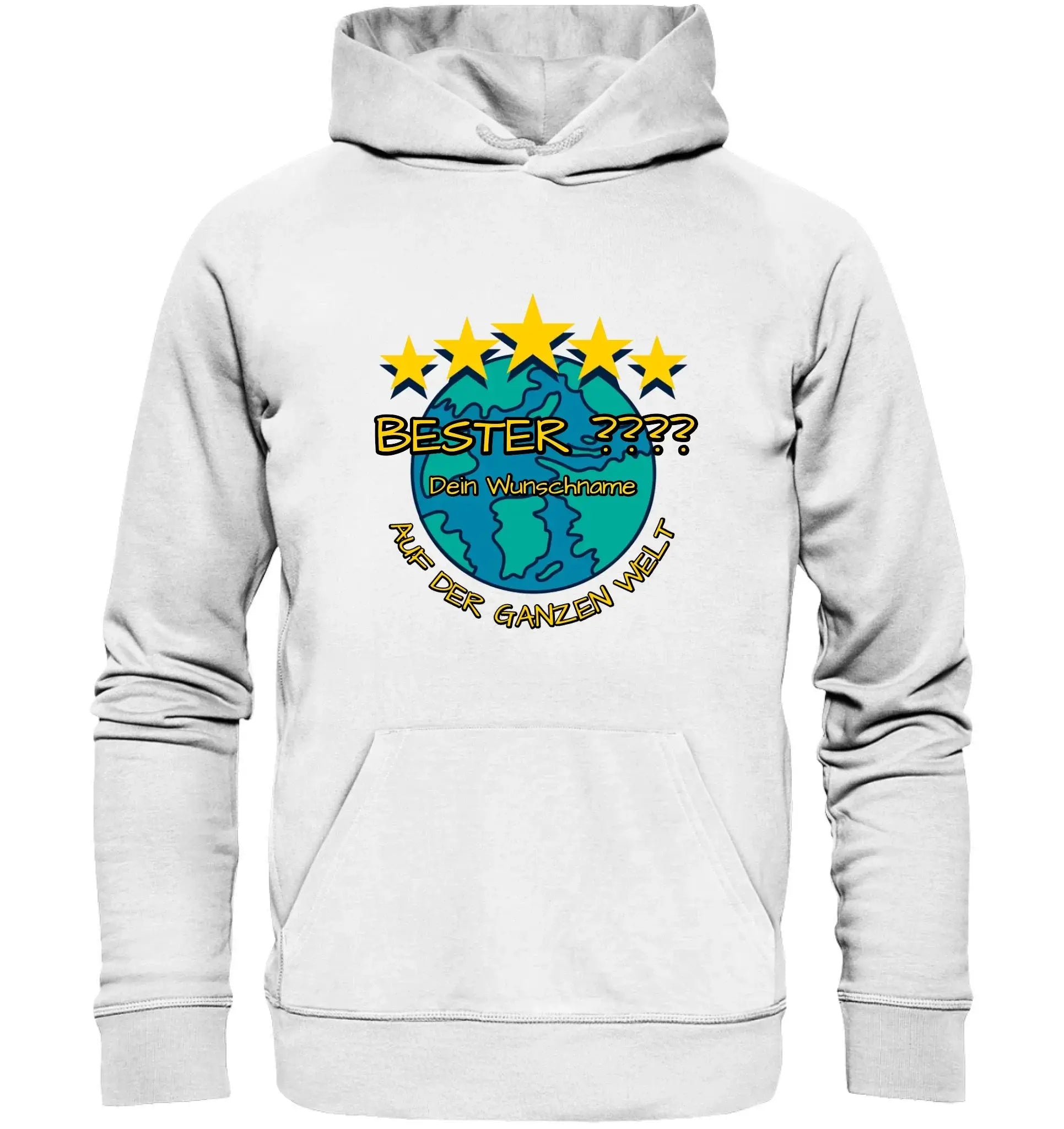 Weißer kapuzenpullover mit buntem globus-motiv und gelben sternen aus der 5 sterne statement-collection personalisiert