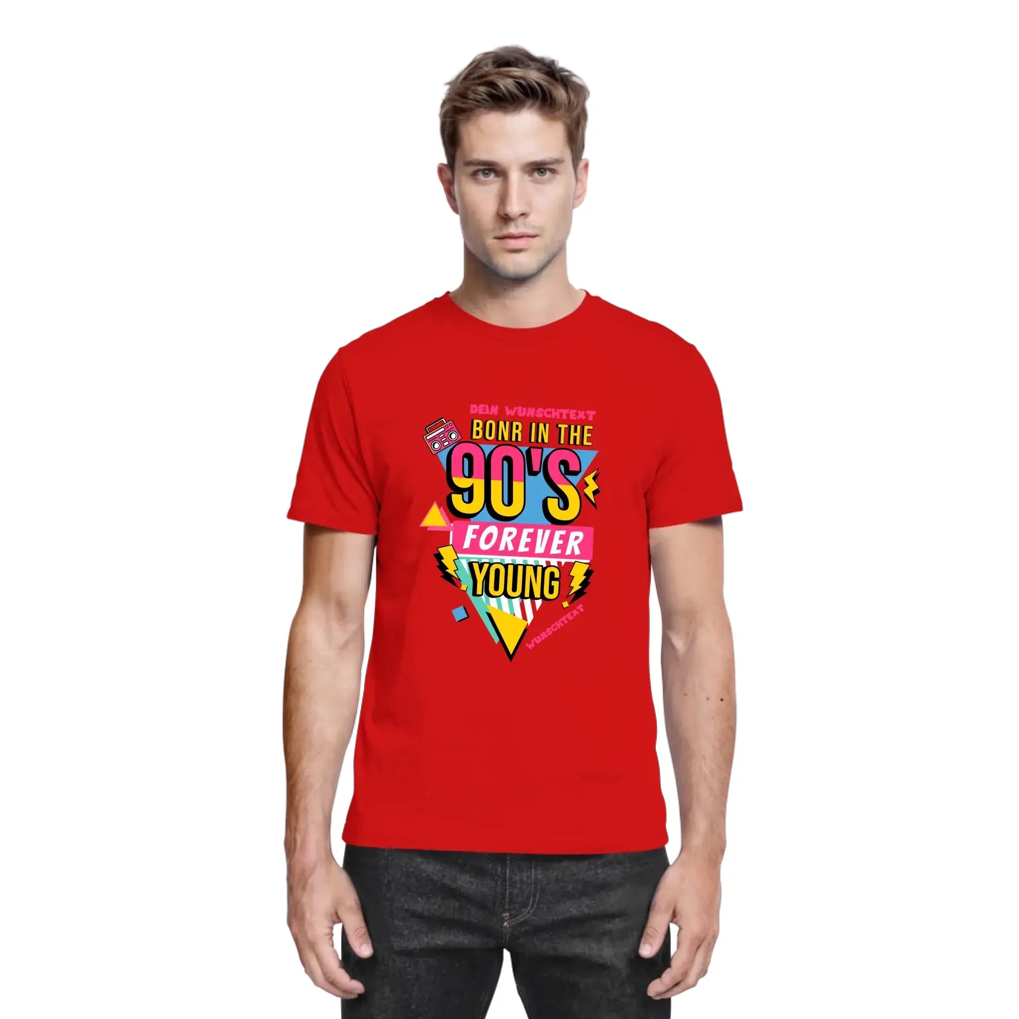 Rotes baumwoll-t-shirt mit lebendigem 90er grafikdesign und text born in the 90s forever young aus der statement-collection