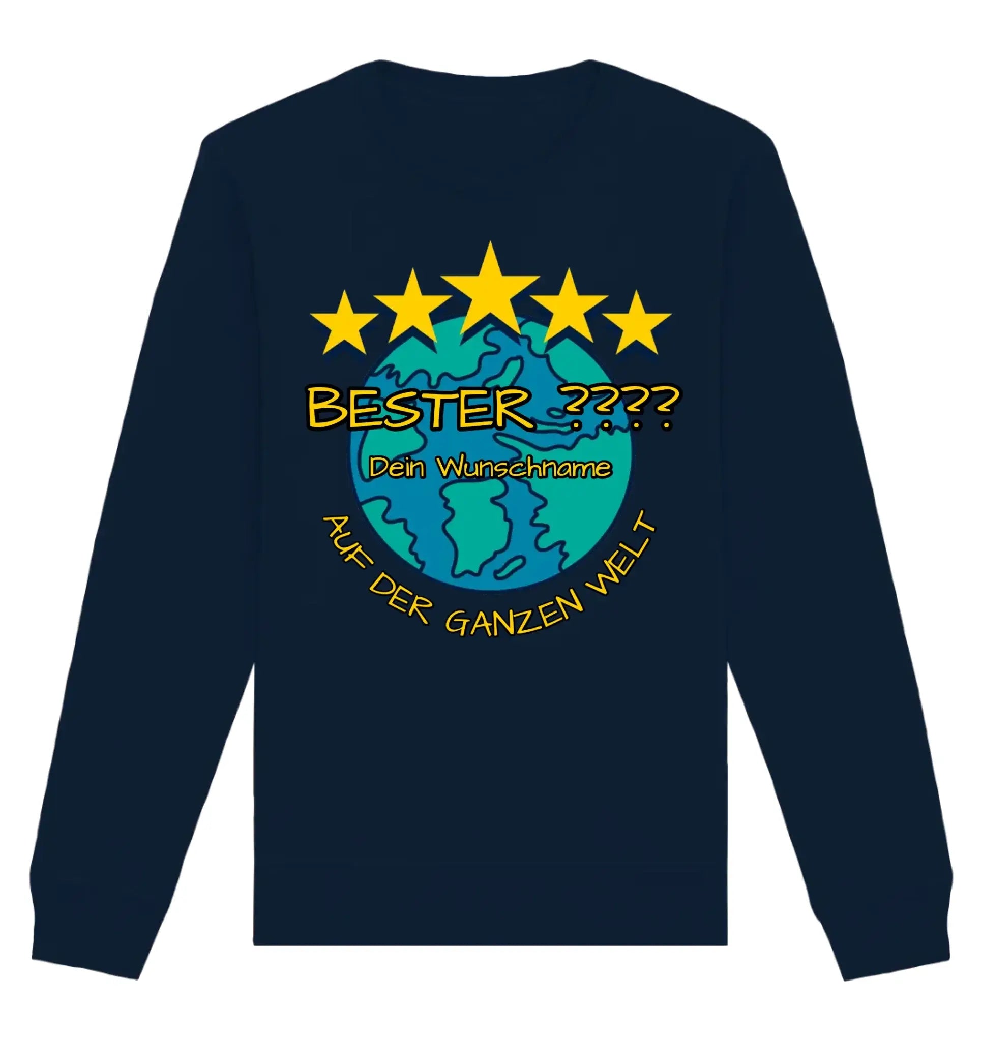 Navyblaues sweatshirt mit langarm und 5 sternen motiv über teal globe plus deutscher text personalisierbar