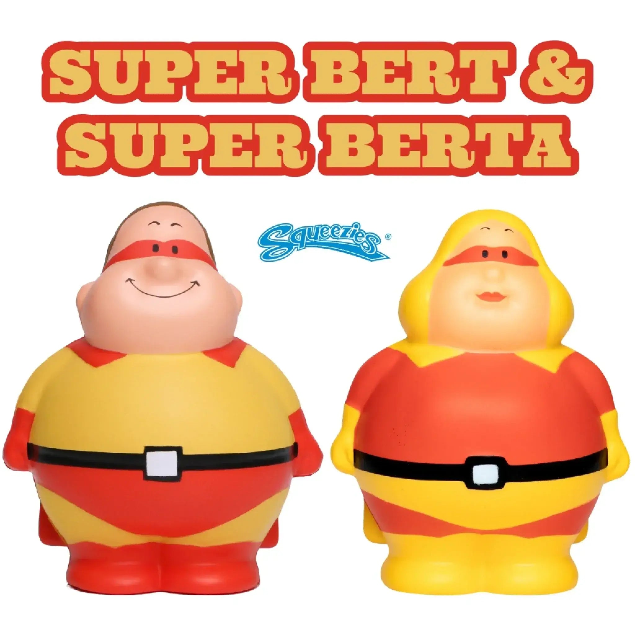 Großmenge mit logo super bert und berta gelb und rot superhero squeezies stressball werbemittel für b2b und anlässe