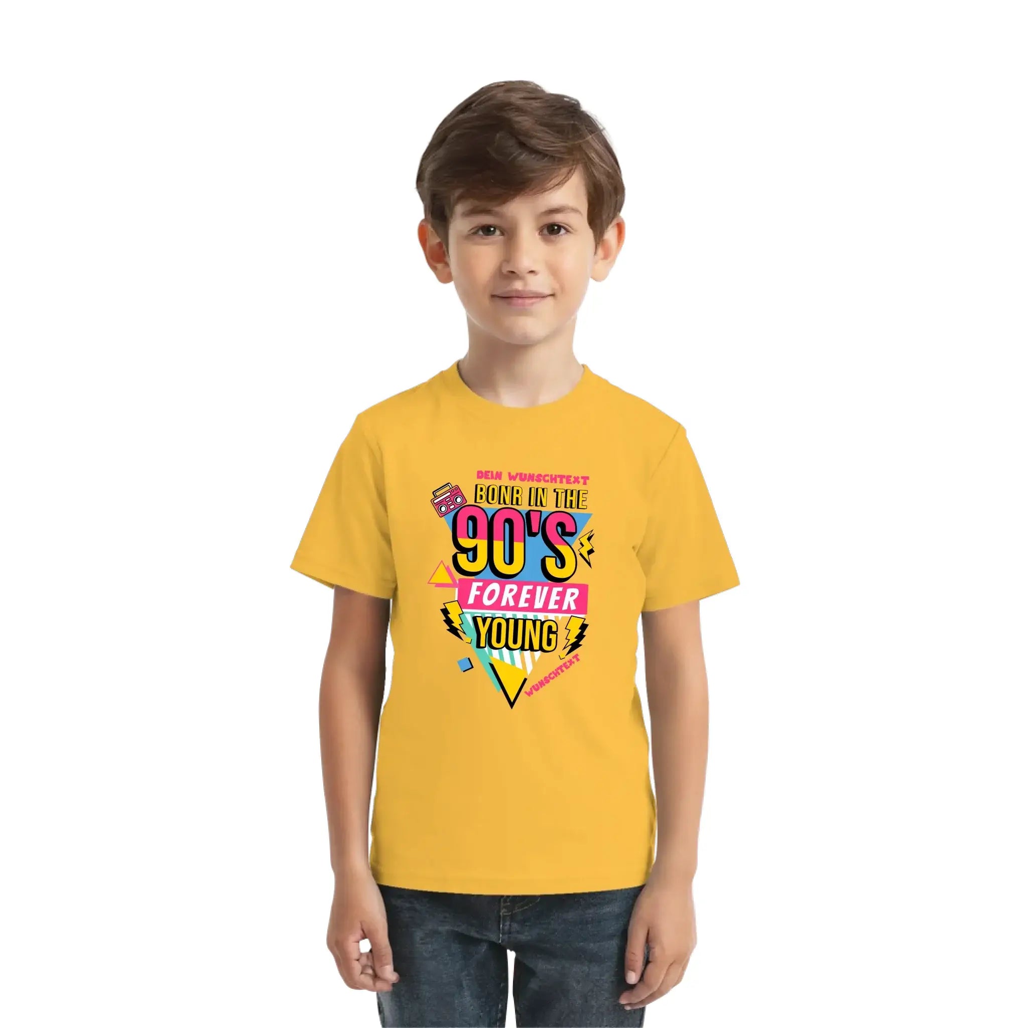 Gelbes kurzarmshirt mit buntem 90er retro grafikdesign und statement sammlung motiv boombox