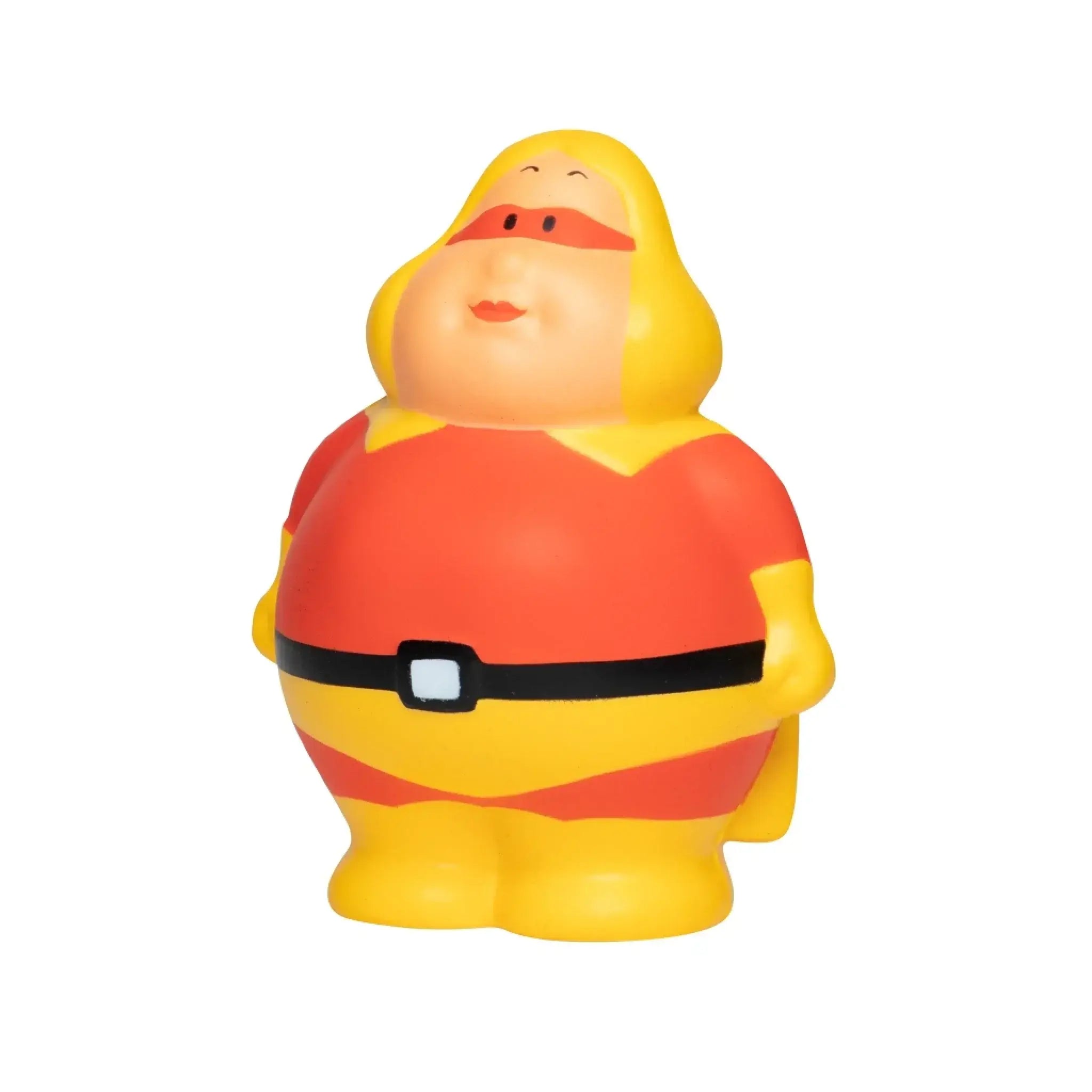 Ein fröhliches, pummeliges superhelden squeeze-anti-stress-figur mit gelber kapuze, roter maske und schwarzem gürtel