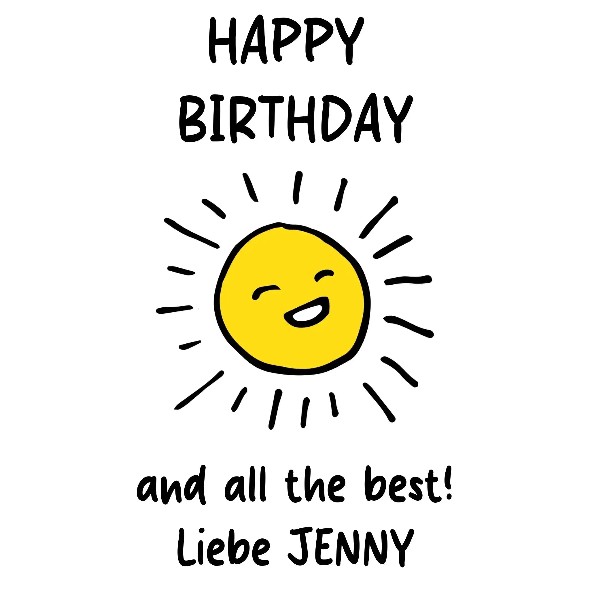 Geburtstag motiv 3 zeigt eine fröhliche gelbe comic-sonne mit lächelndem gesicht und strahlen in schwarzer kontur