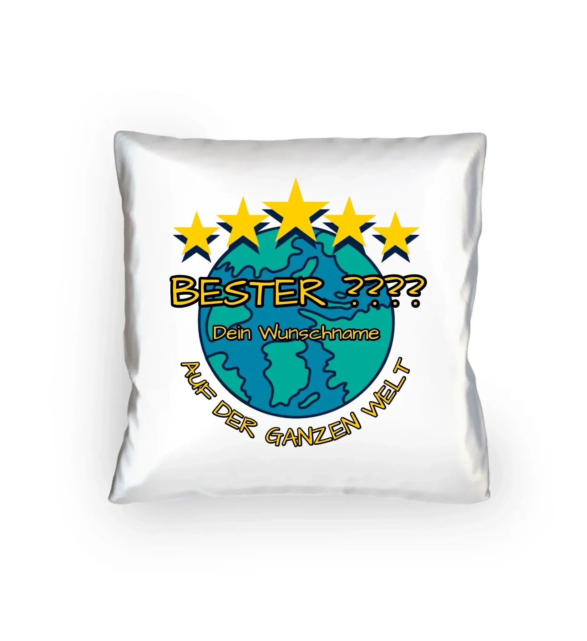 Weiße dekorative kissen mit buntem grafik globe und fünf gelbe sterne bester dein wunschname auf der ganzen welt