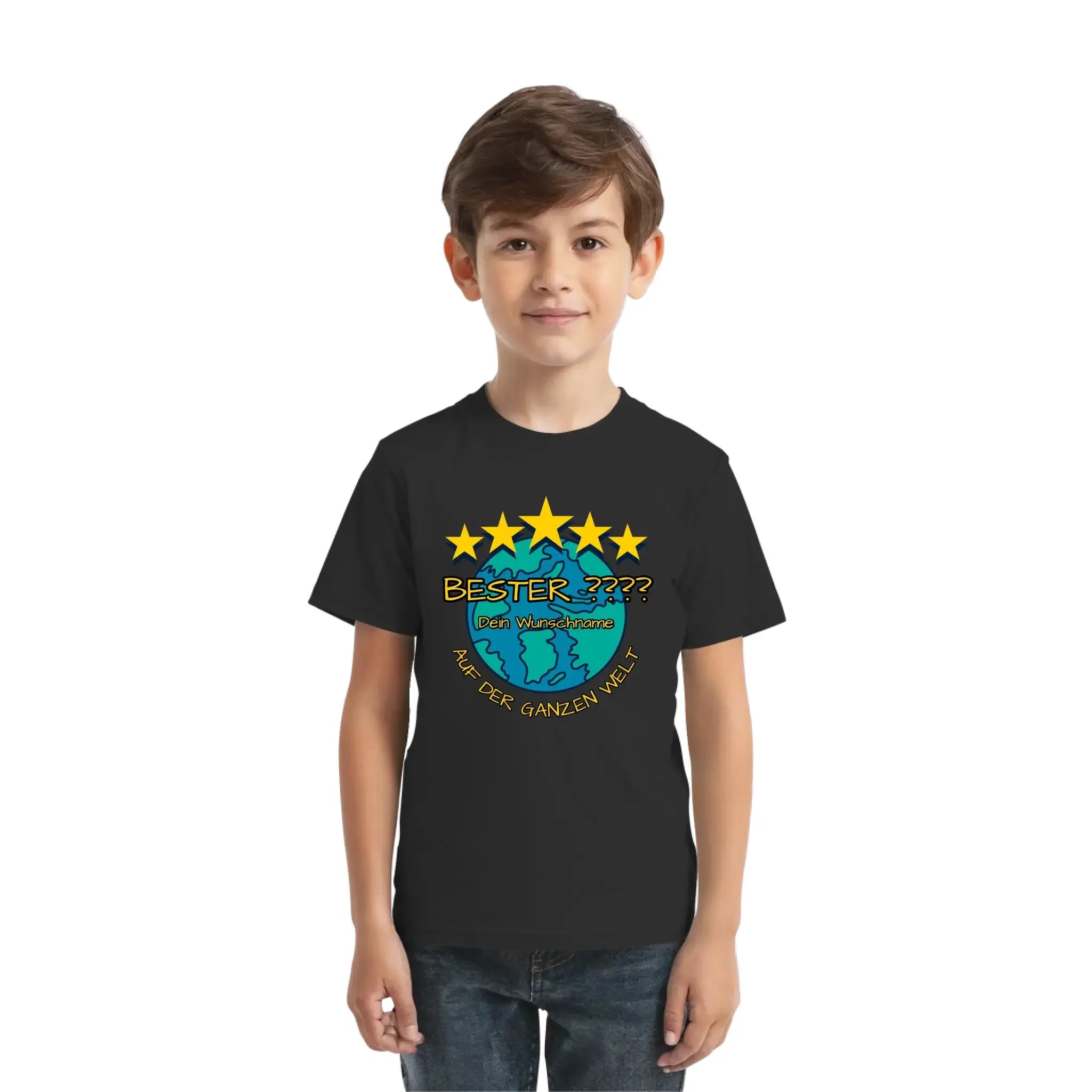Schwarzes kurzarmshirt mit farbigem erdgraphik und fünf gelben sternen plus deutscher text personalisiert