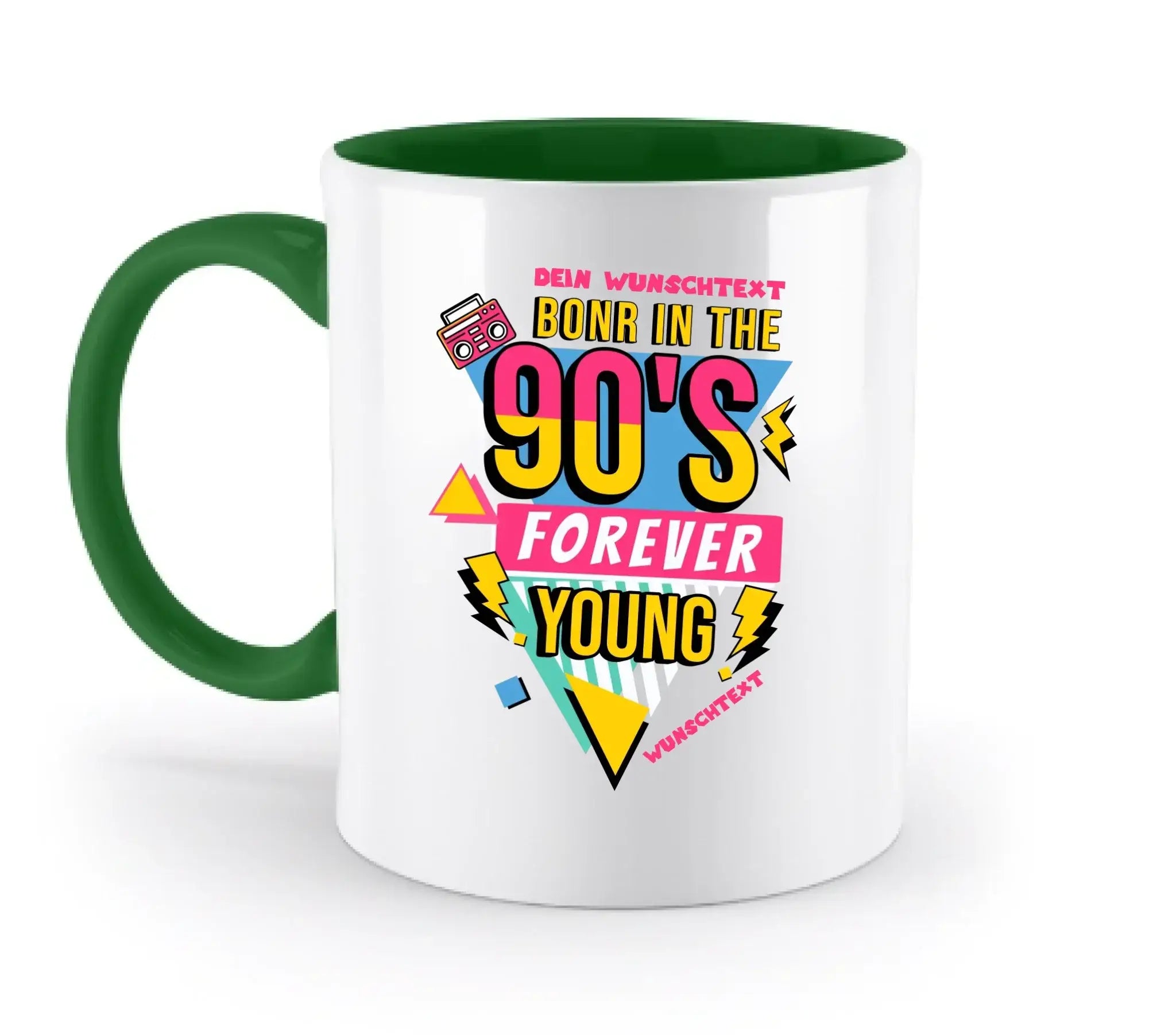 Weiße keramiktasse mit grünem innenraum und griff mit buntem 90er jahre boombox design aus der statement collection
