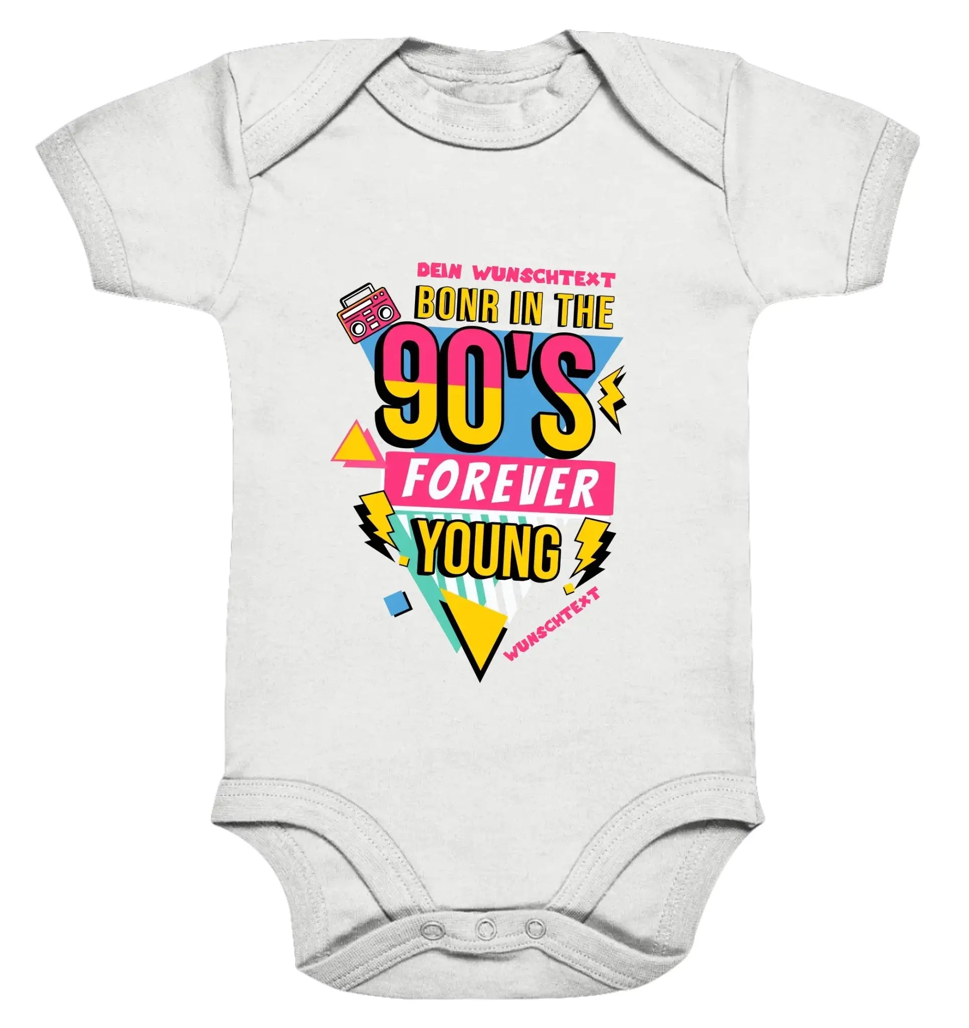 Weißer baby-strampler mit buntem 90er-jahre grafikdesign born in the 90s forever young aus der statement-collection