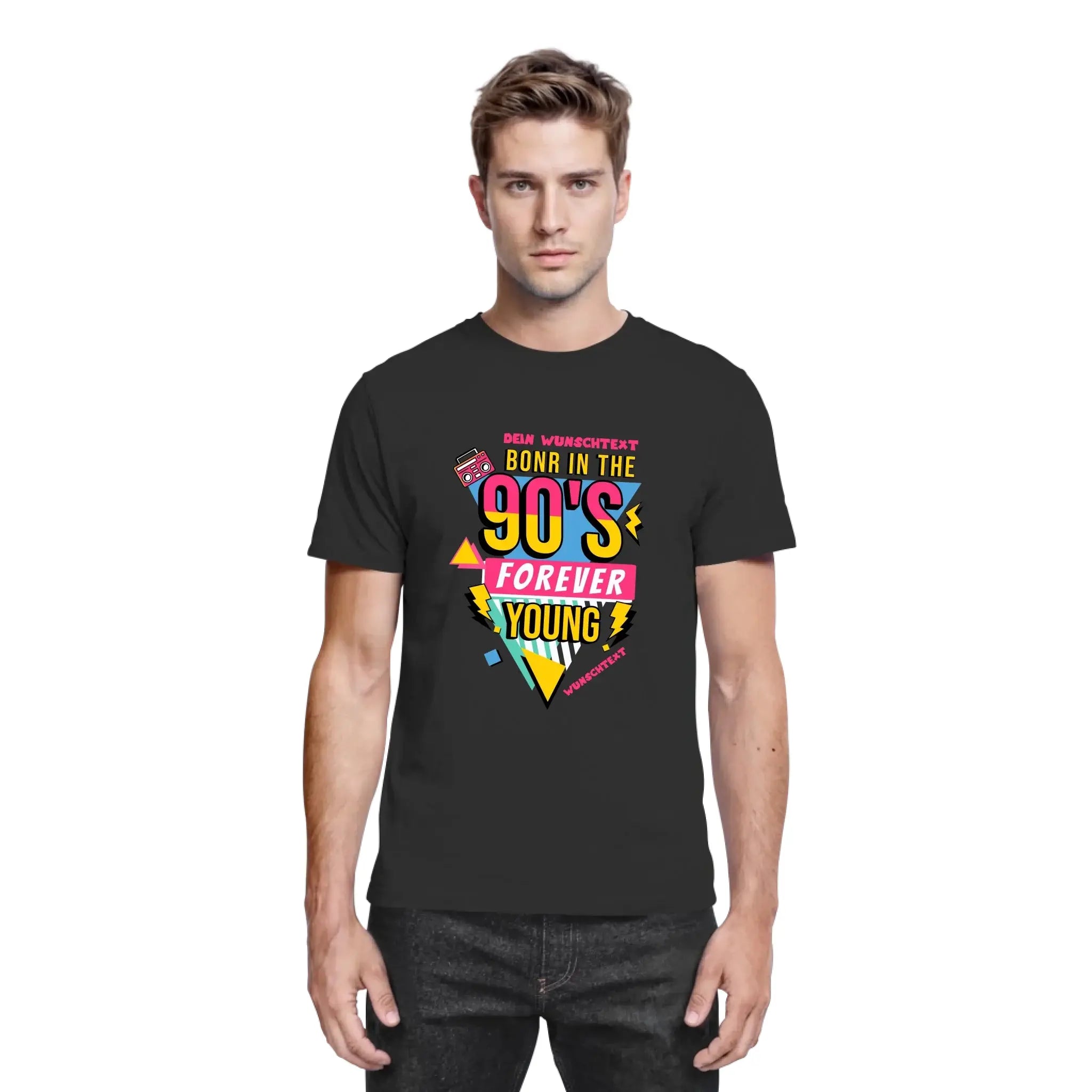 Schwarzes baumwollshirt mit lebhaftem 90er jahre boombox grafik in gelb pink und türkis aus der statement-collection