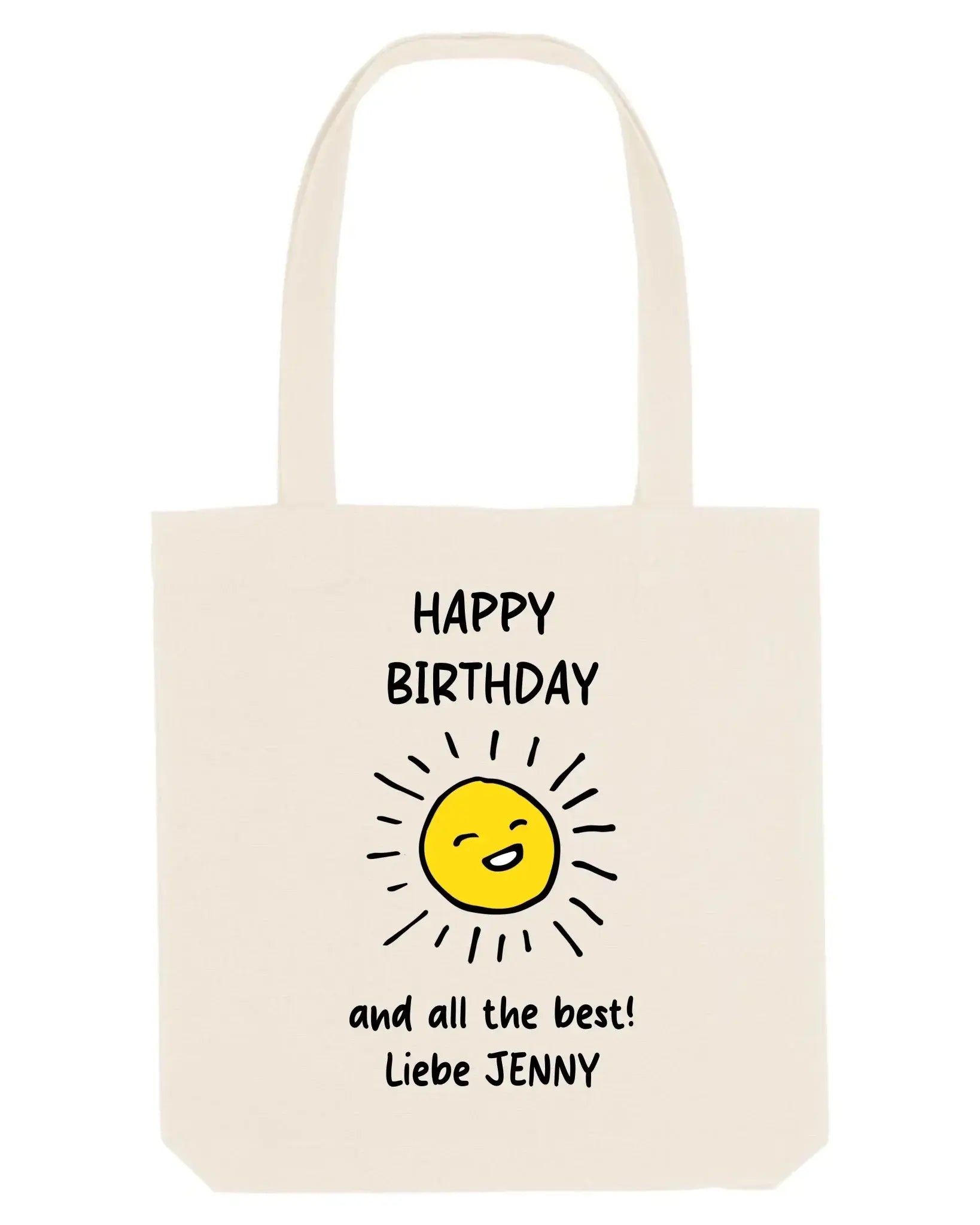 Creamfarbener canvas-geburtstagstote mit gelber lachender sonne und text liebe jenny aus der statement-collection