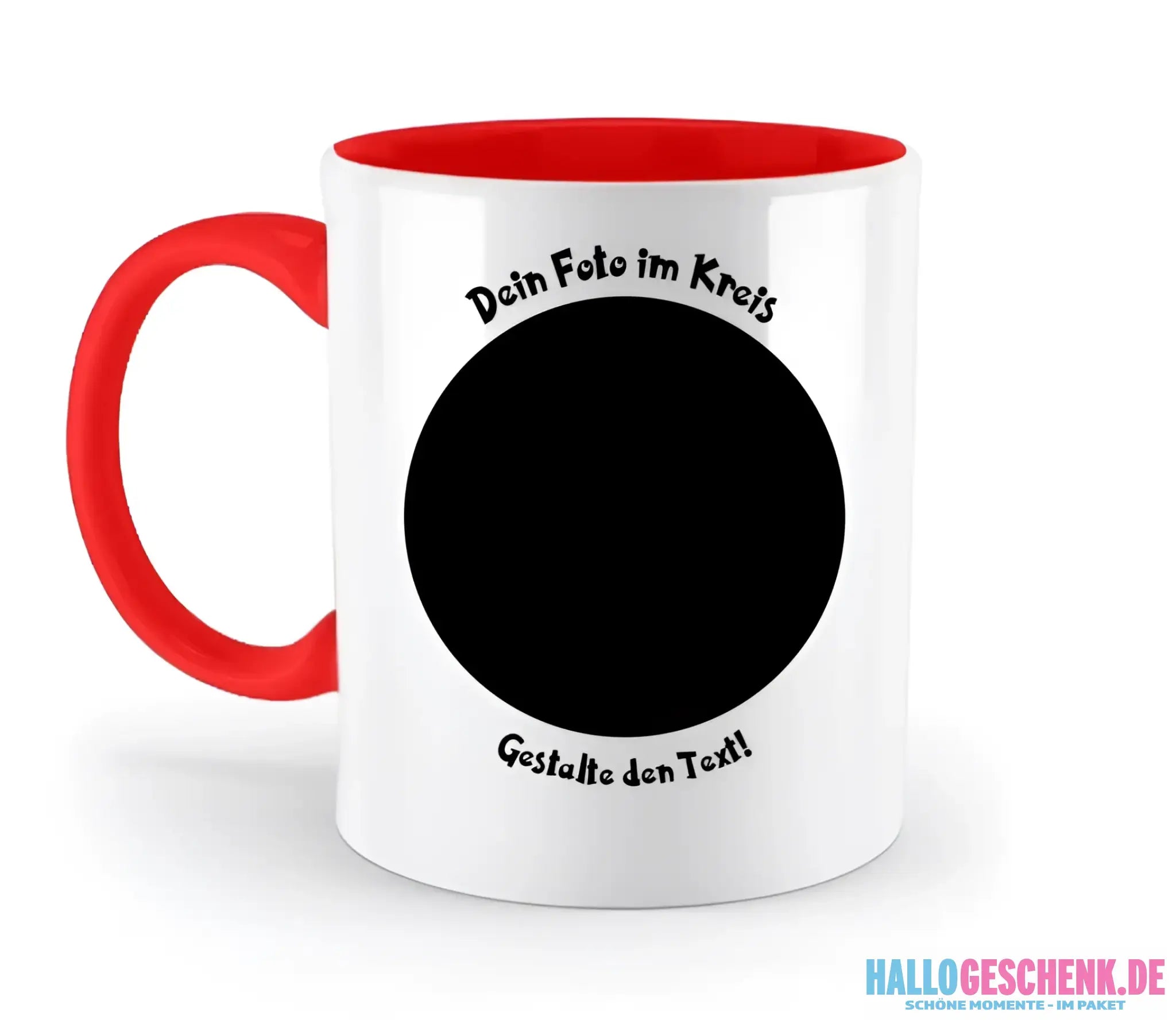 8in1-Fotogeschenk: Dein Foto im Kreis + Wunschtext • personalisiert • diverse Artikel - zweifarbige Tasse