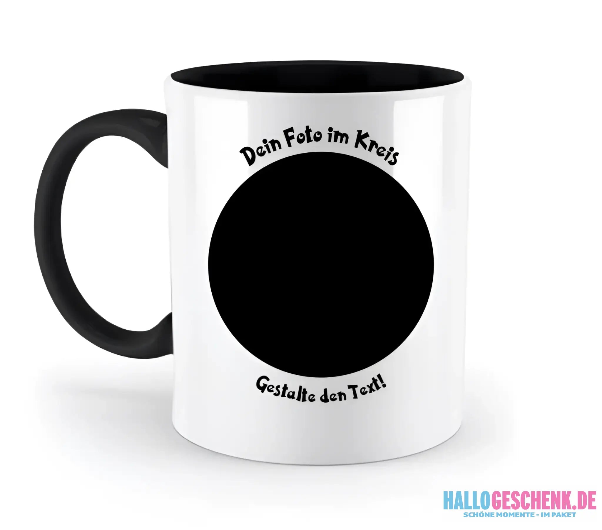 8in1-Fotogeschenk: Dein Foto im Kreis + Wunschtext • personalisiert • diverse Artikel - zweifarbige Tasse