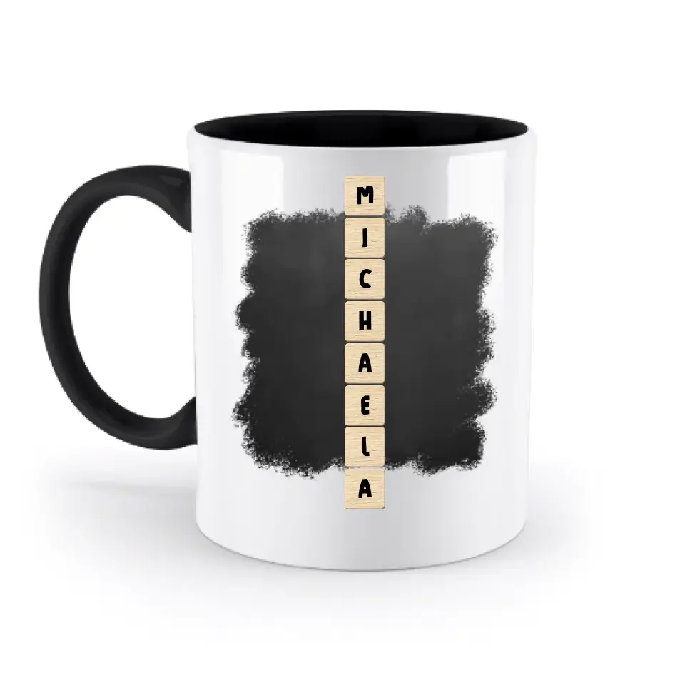 8in1-Kollektion: Scrabble vertikal 1 Zeile • personalisiert • diverse Artikel - zweifarbige Tasse