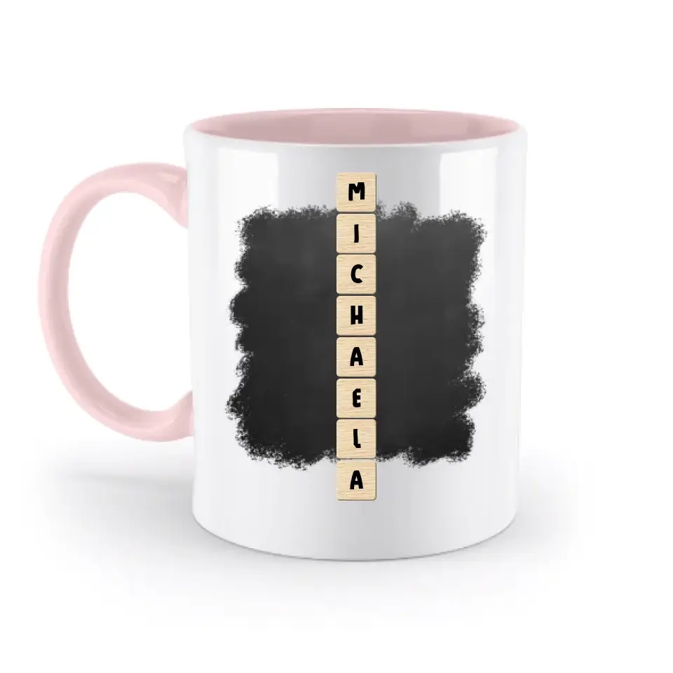 8in1-Kollektion: Scrabble vertikal 1 Zeile • personalisiert • diverse Artikel - zweifarbige Tasse