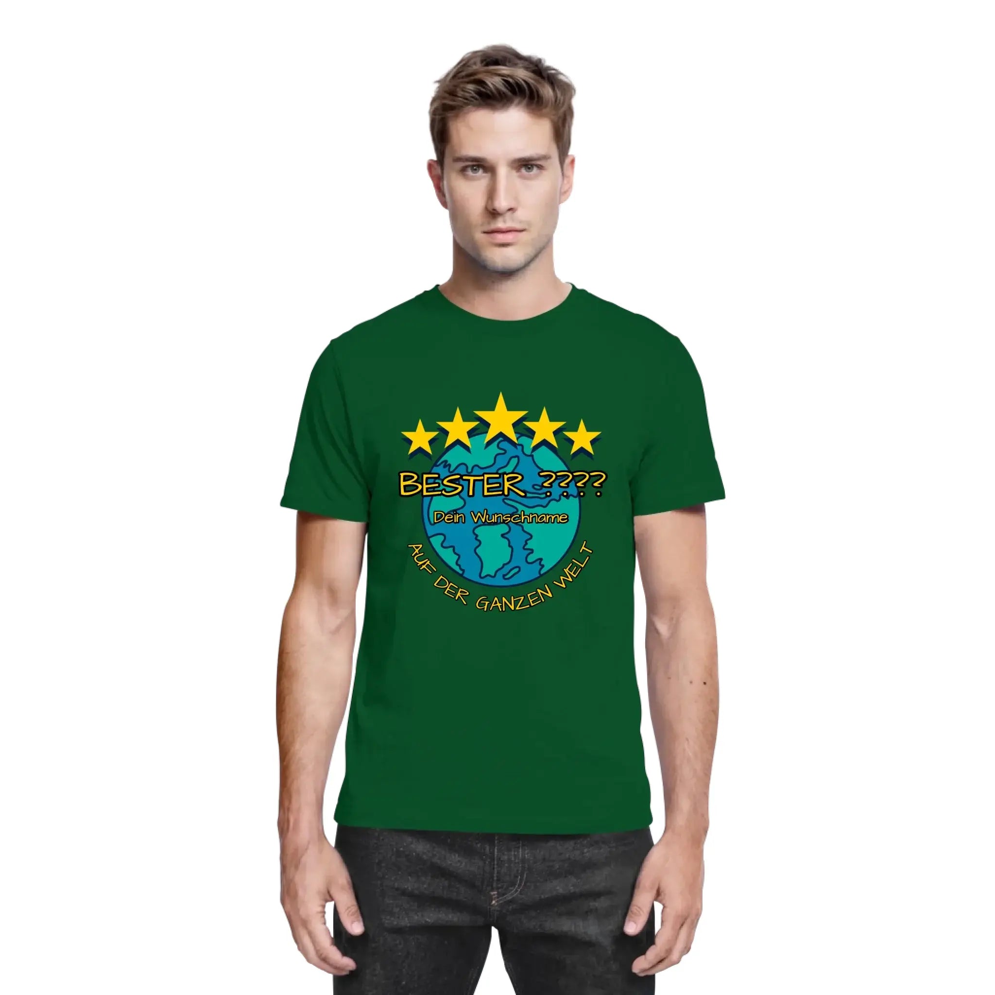 Dunkelgrünes baumwollshirt mit vibrantem globus und fünf gelben sternen plus text bester wunschname auf der ganzen welt