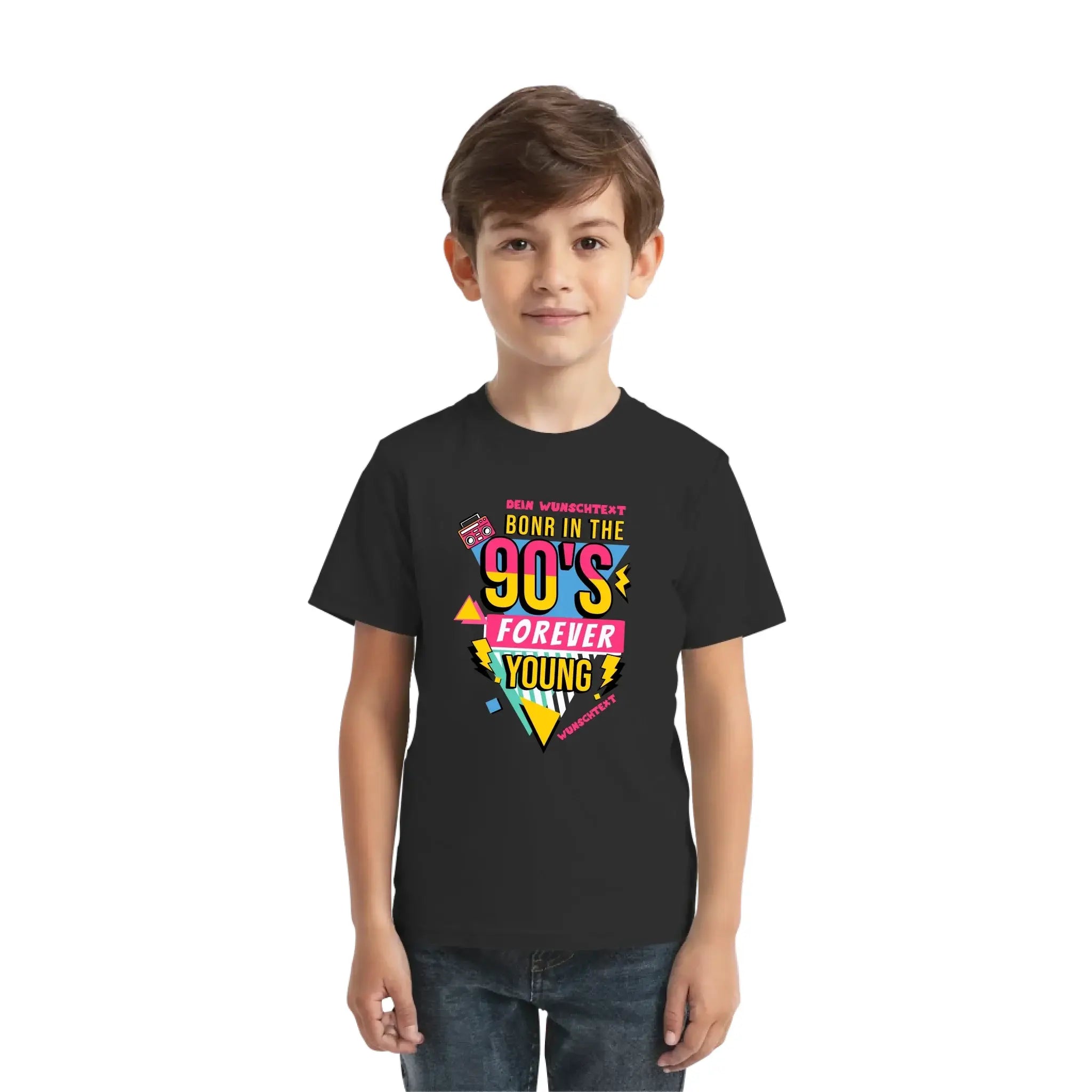 Schwarzes kurzarmshirt aus der statement-collection mit buntem 90s retro-print born in the 90s forever young