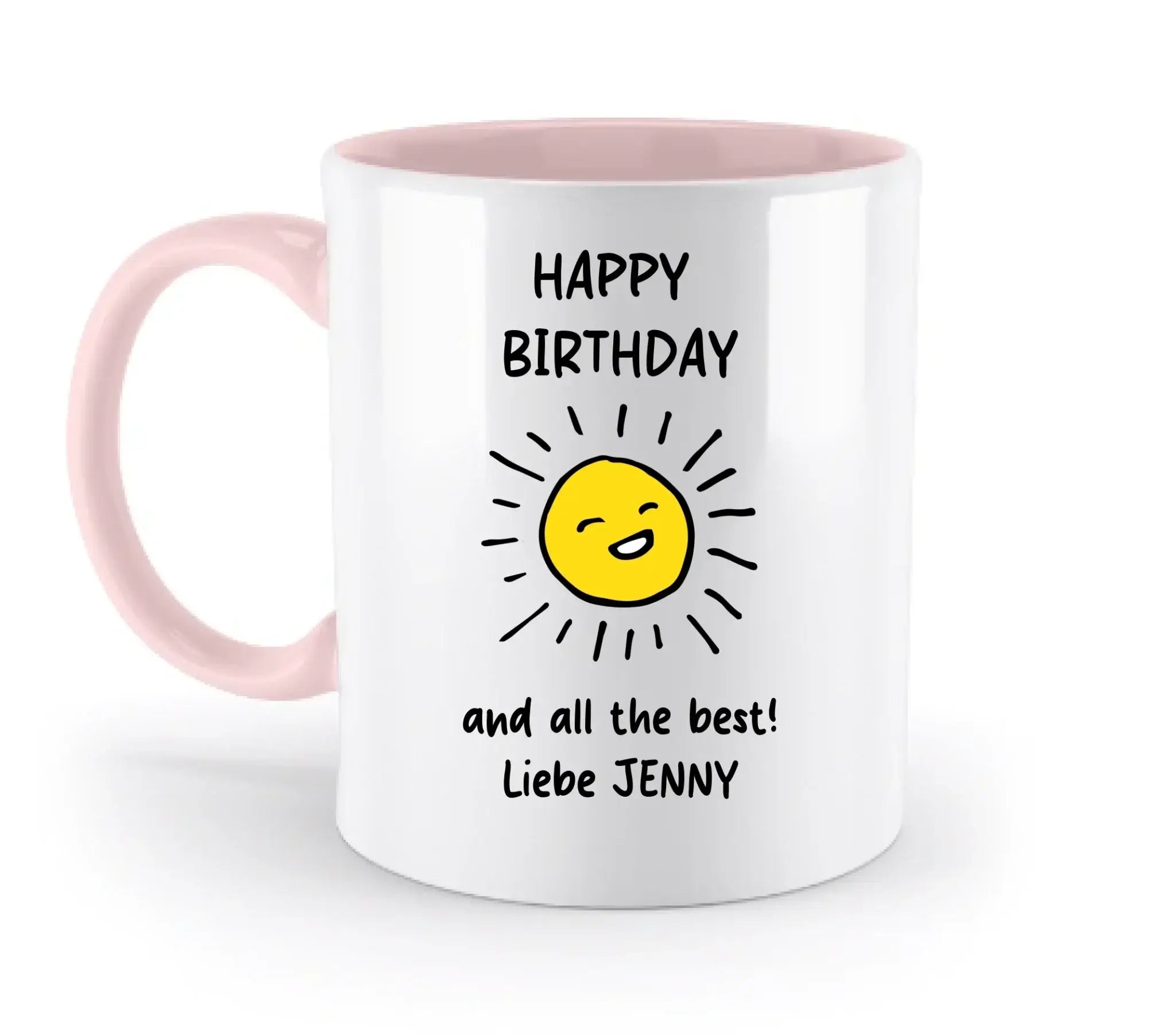 Weiße keramiktasse mit pinkem griff und innenseite mit fröhlicher sonnengrafik und text happy birthday geburtstag motiv 2