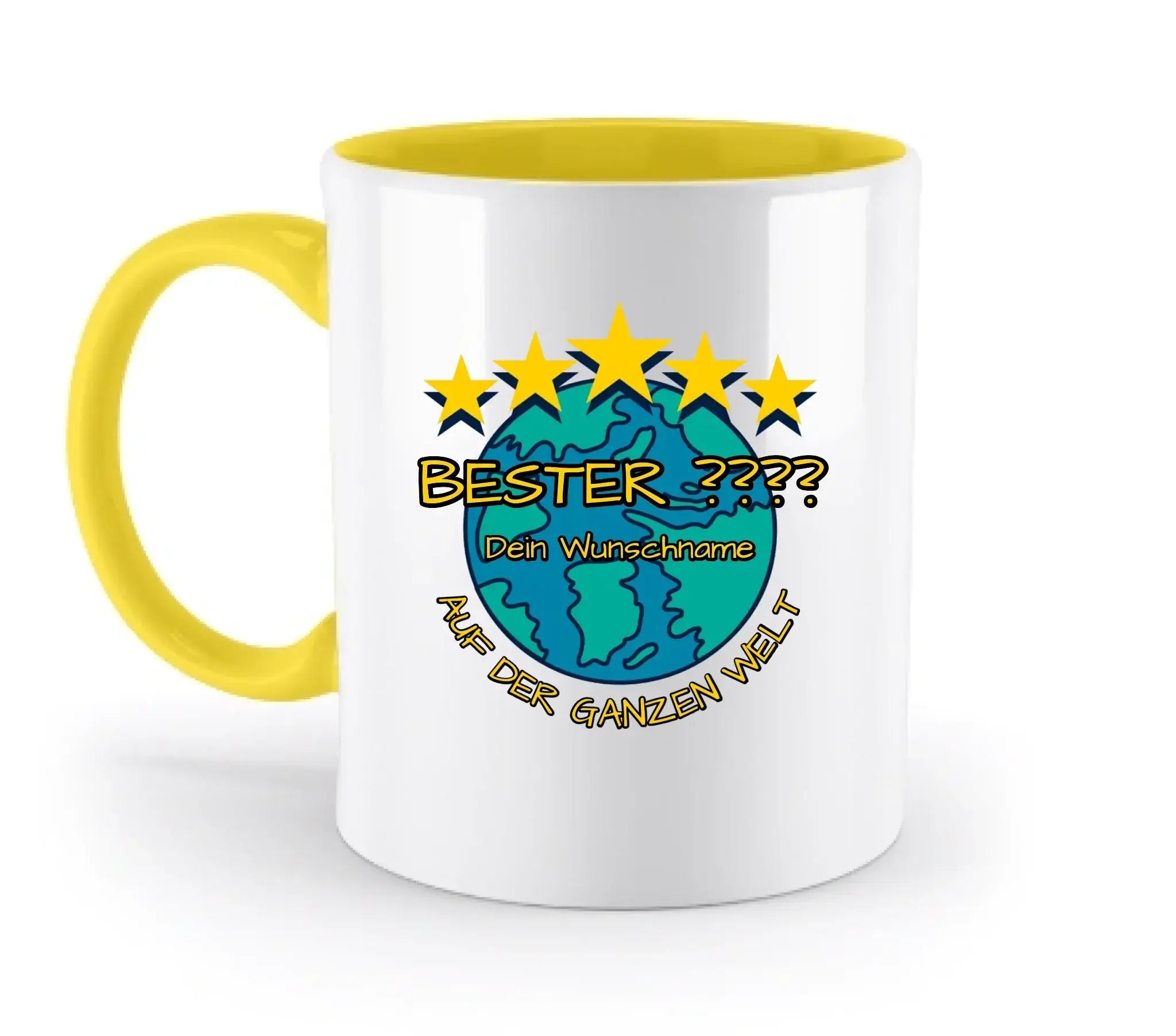 Weiße keramiktasse mit gelbem griff und innenseite, globe design und text bester dein wunschname auf der ganzen welt