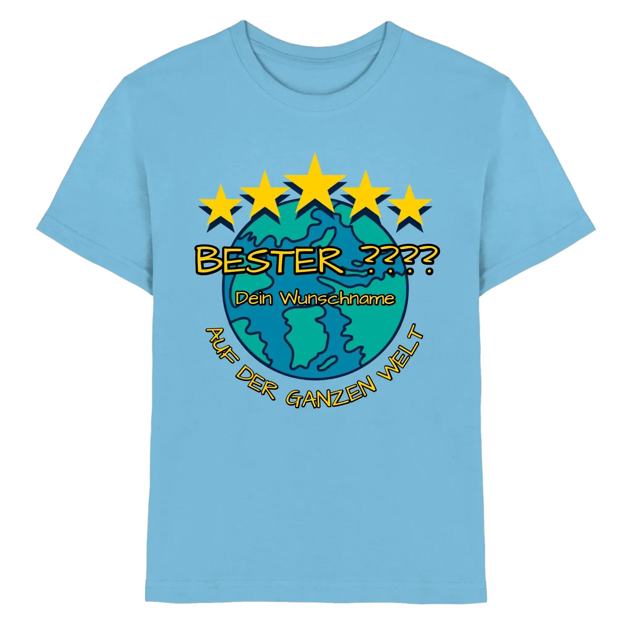 Hellblaues kindertshirt mit cartoon erdkugel, fünf gelben sternen und text bester dein wunschname auf der ganzen welt