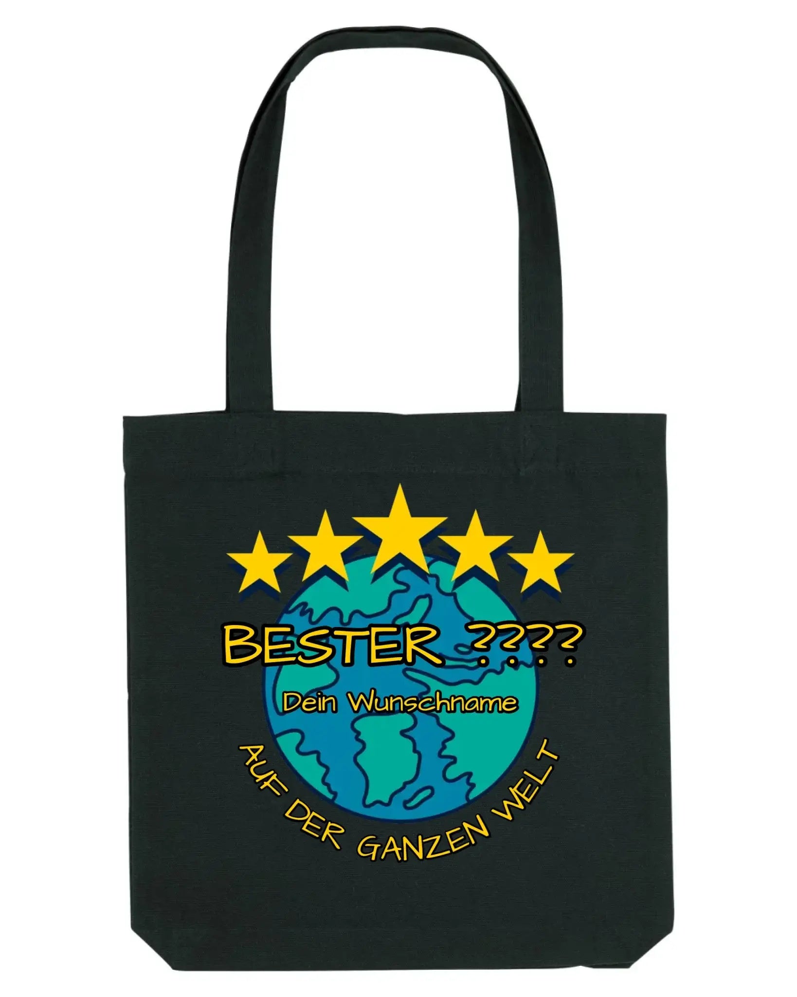 Schwarze canvas-tasche mit gelben sternen und blauem globus, personalisierbarer text aus der statement-collection
