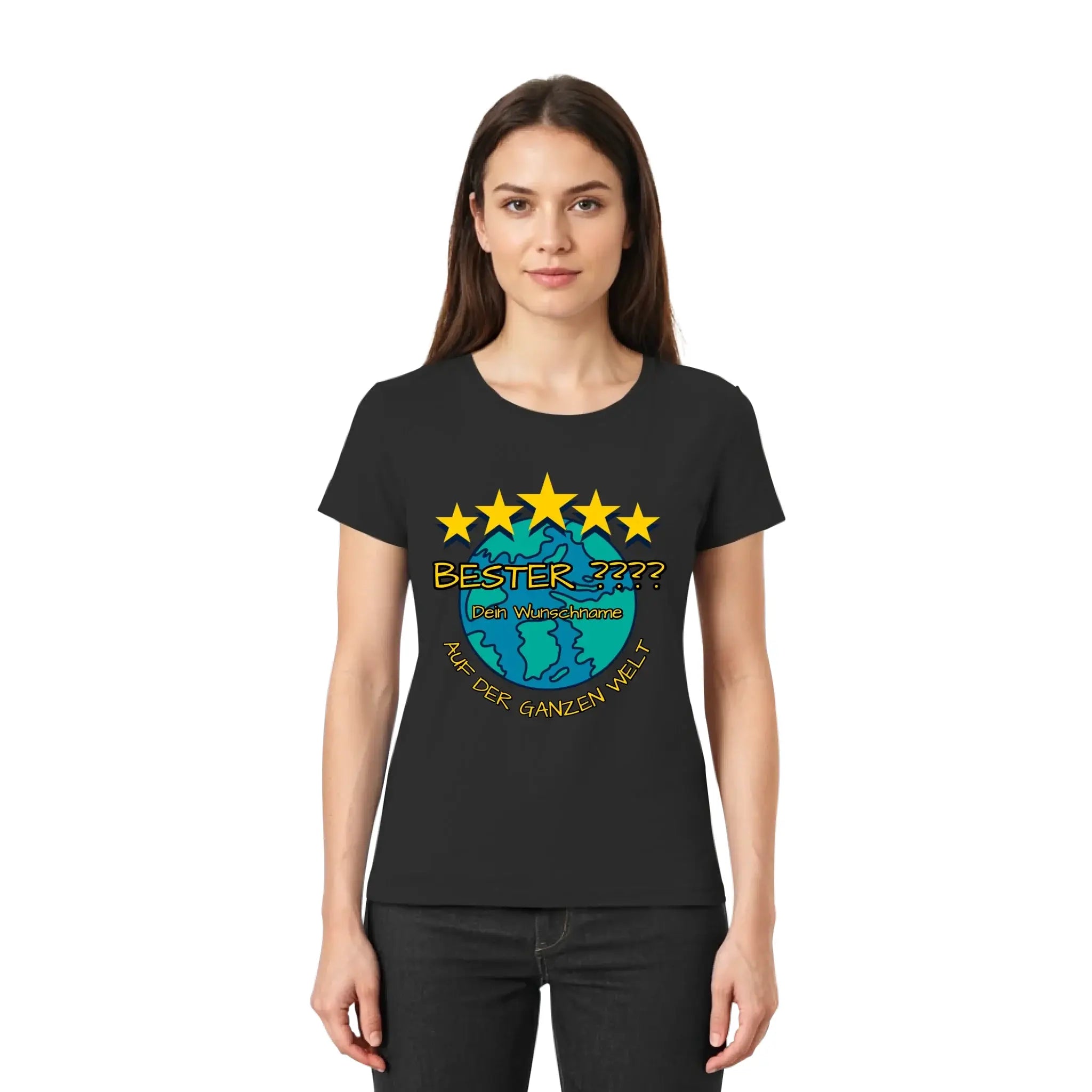 Schwarzes damen t shirt mit buntem globe und gelben sternen motiv sowie text bester in der statement collection