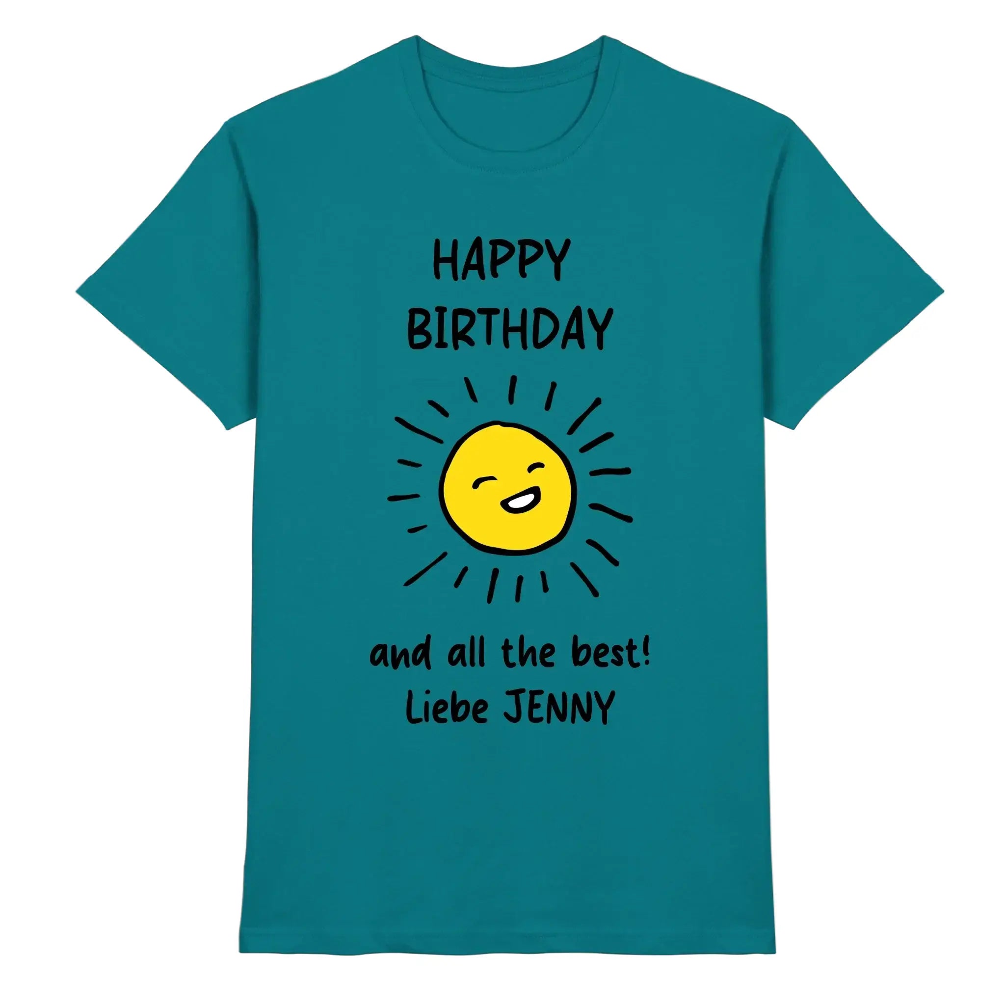 Teal cotton t-shirt mit fröhlicher gelber sonnengrafik und text happy birthday und all the best liebe jenny aus der geburtstag motiv 5 verwandte girl statement collection