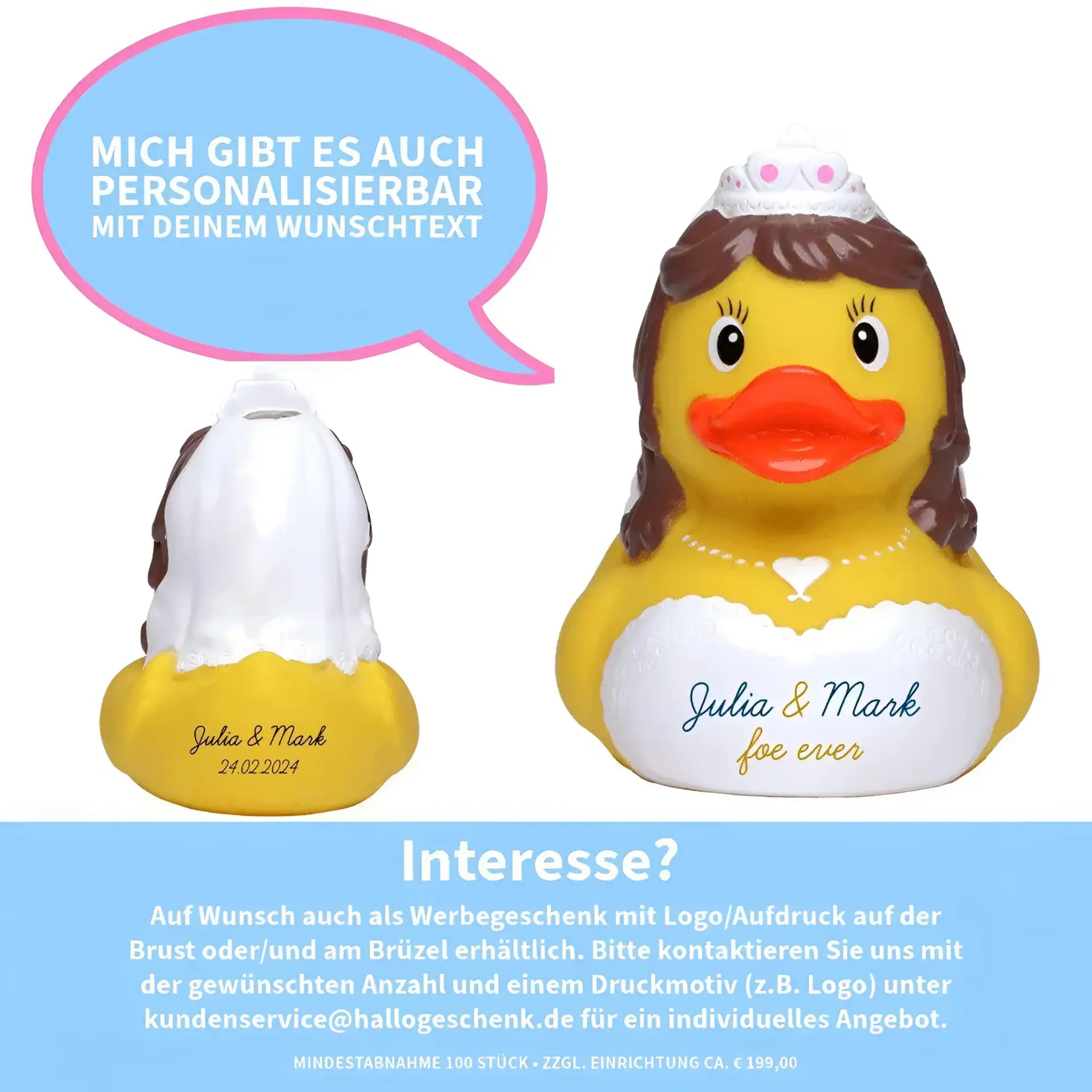Gelbe quietscheente sparschwein brautpaar mit braunen haaren weißer tiara schleier und brautkleid julia & mark gravur