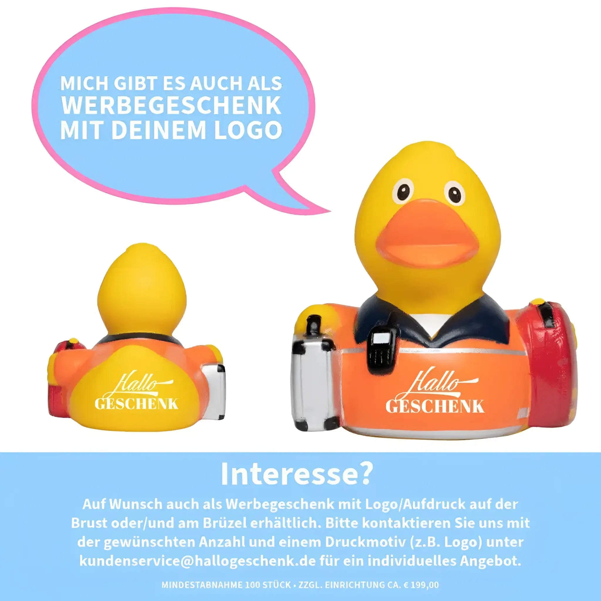 Gelbe rubberente als rettungssanitäter mit orange schwarzem anzug und hallo geschenk logo auf der brust