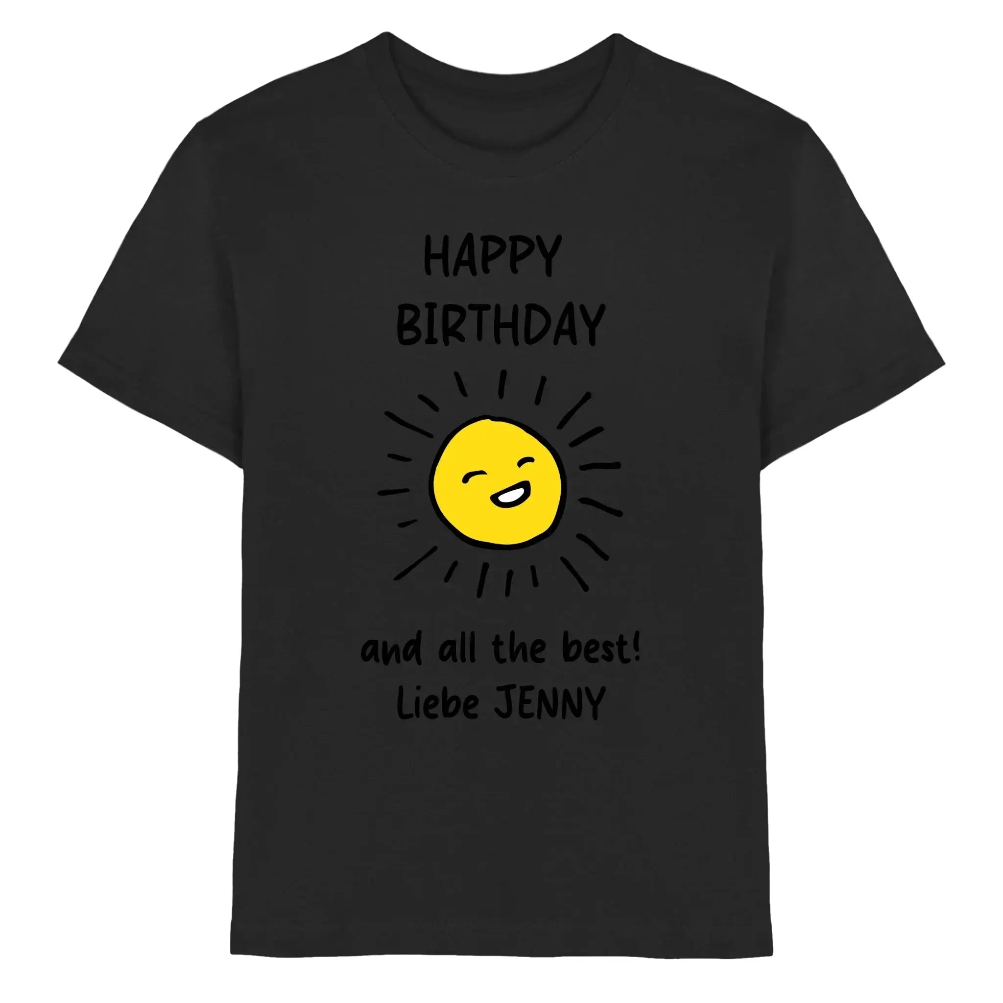 Schwarzes baumwoll t shirt mit fröhlicher gelber sonne und text happy birthday und liebe jenny aus der statement collection
