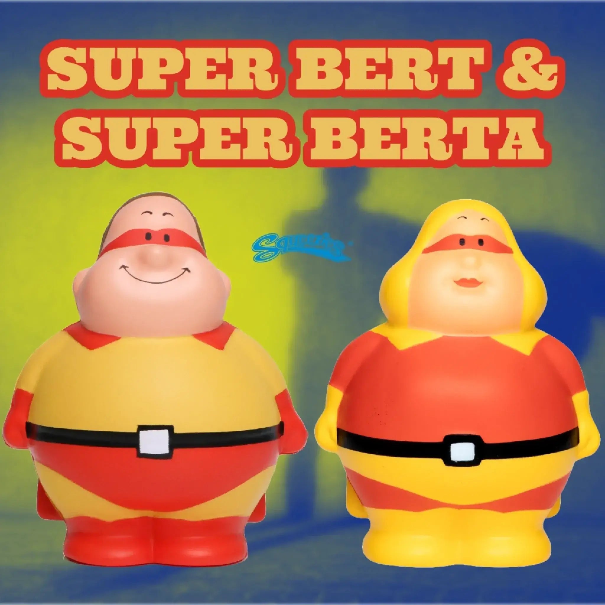 Großmenge mit logo super bert und berta squeezies quetschfigur in gelb und rot mit schwarzem gürtel als anti-stress-werbemittel