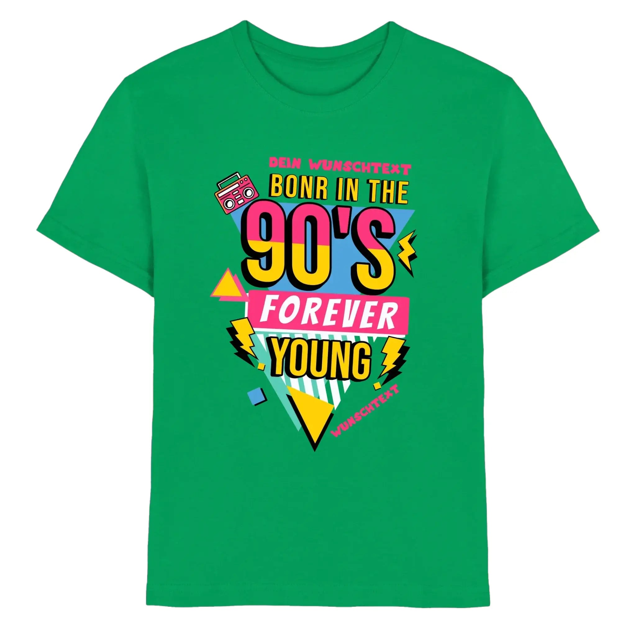 Vibrantes grünes baumwoll-t-shirt mit retro 90er jahre grafik neon gelb und pink boombox in der statement-collection