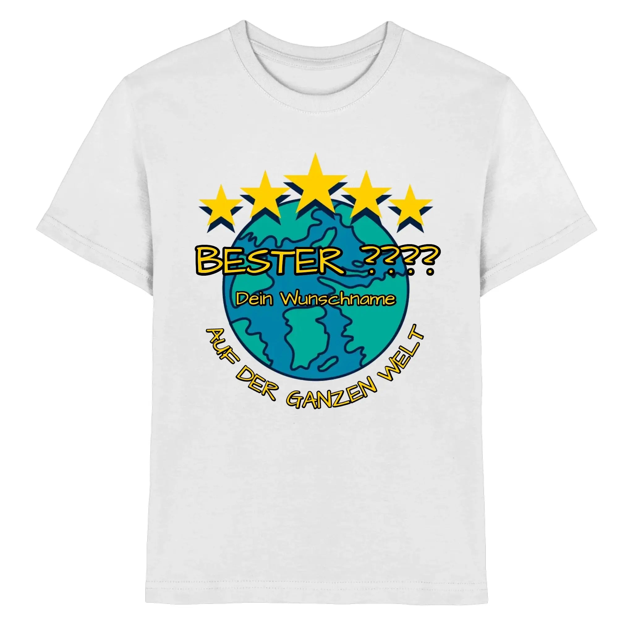 Weißes baumwoll t-shirt mit buntem 5 sterne globe motiv und deutschem text bester dein wunschname auf der ganzen welt