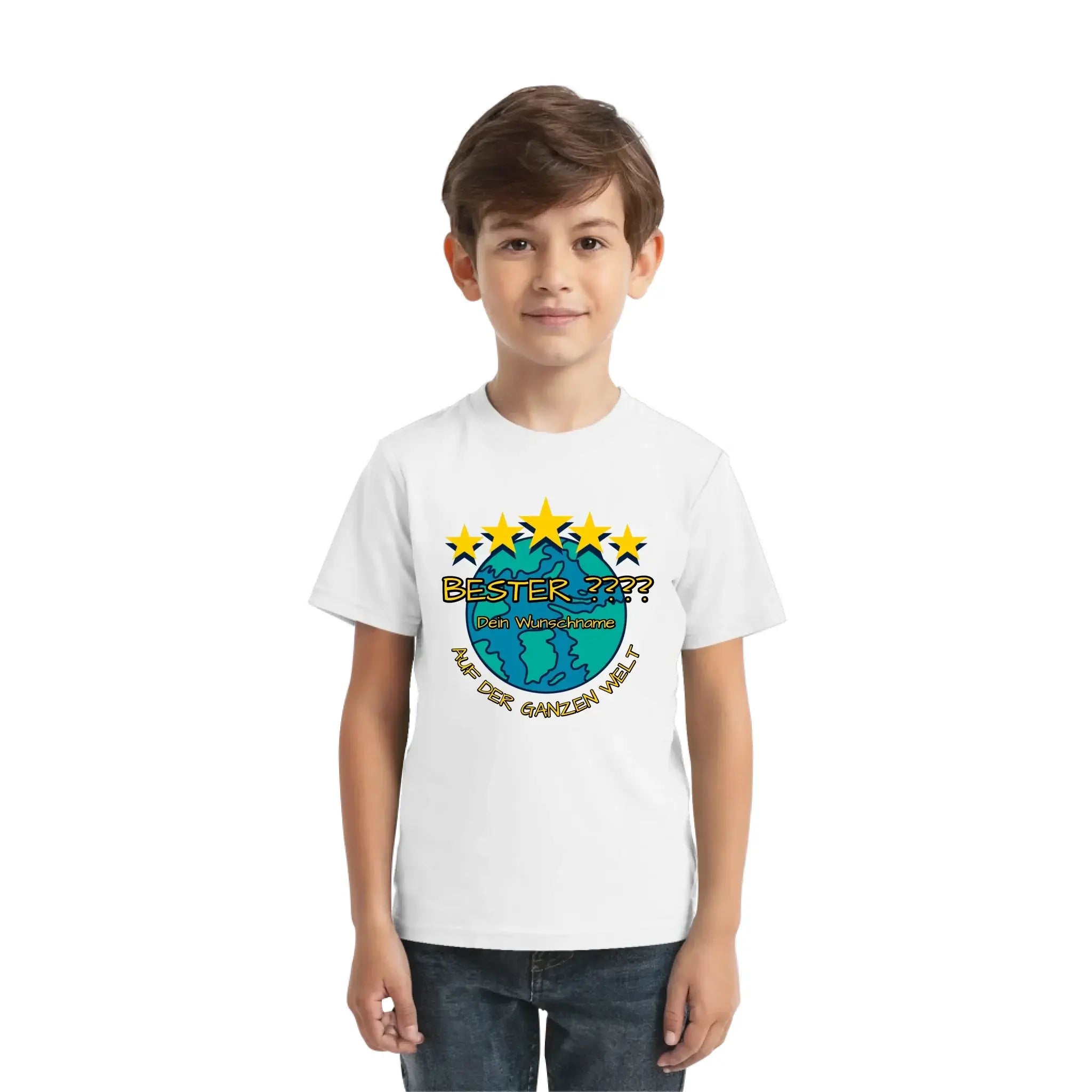 Weißes baumwollshirt mit buntem erdengrafik und gelben sternen aus der 5 sterne motiv kollektion personalisiert