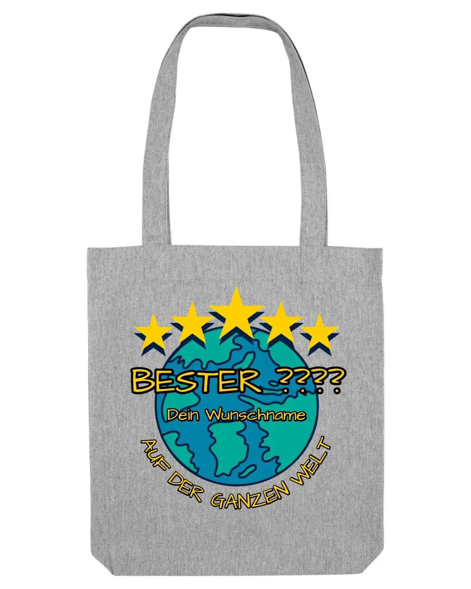 Grauer leinen canvas tasche mit farbigem weltkugel motiv, fünf gelben sternen und deutschem text personalisiert