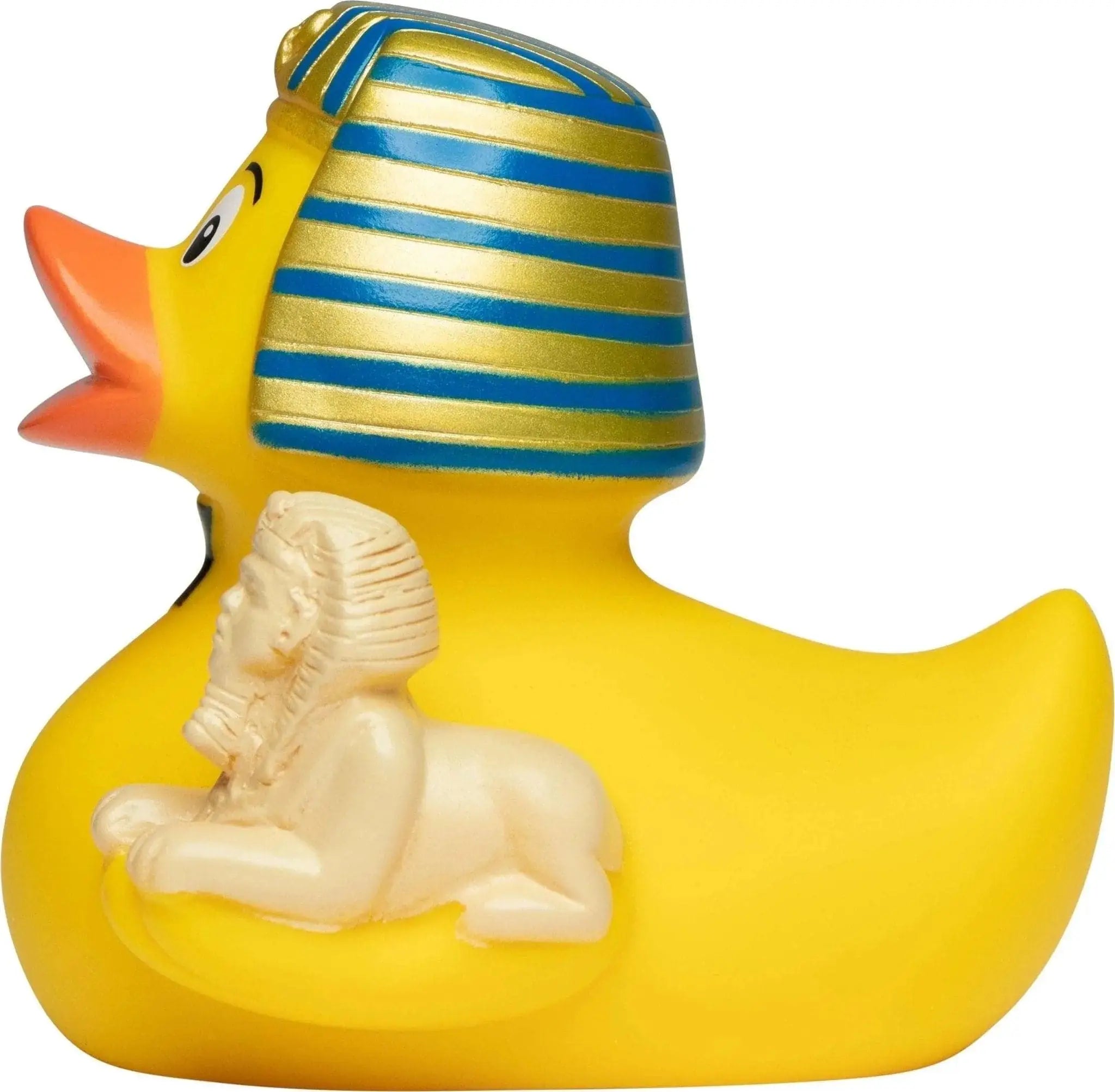 Gelbe badeente mit blau gold gestreifter Ă€gypten kopfbedeckung und sphinx figur am rand fĂŒr badezeit