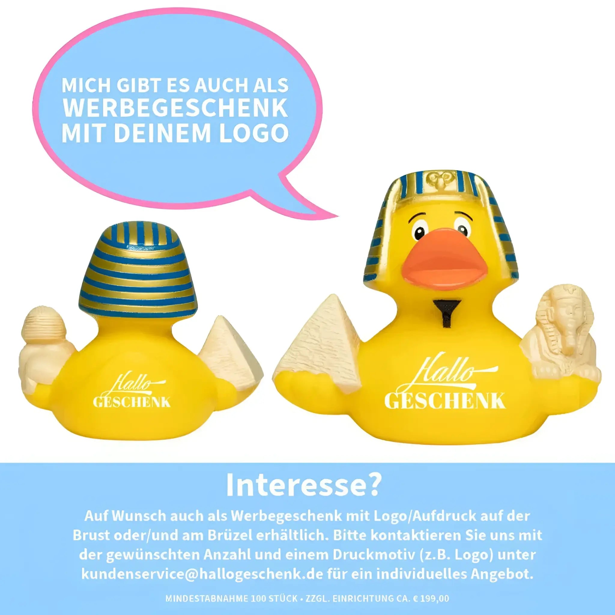 Gelbe badeente mit blaum gestreiftem ägyptischen kopfschmuck und sphinx figur von hallo geschenk