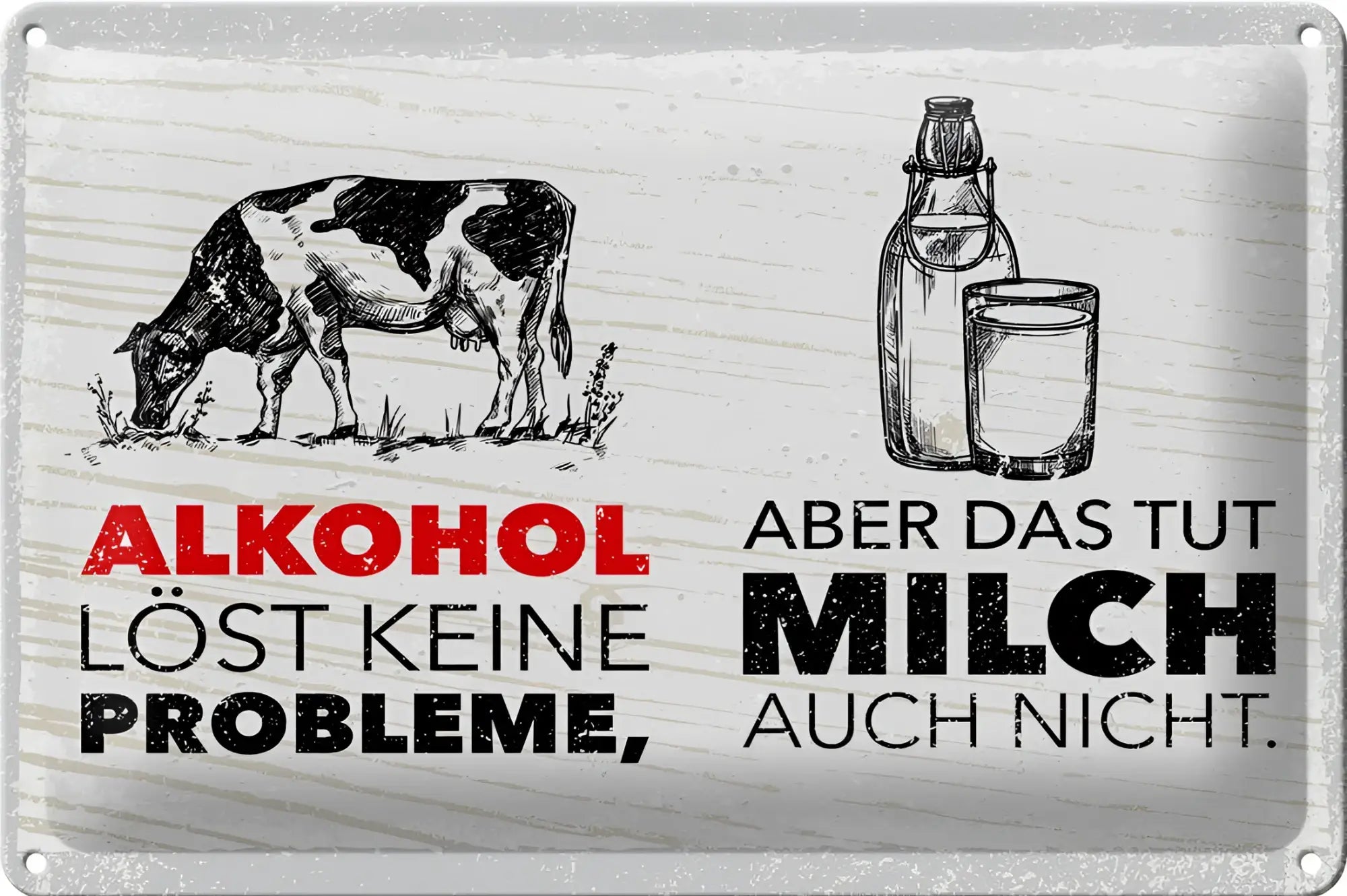 Rustikales silbernes blechschild 20x30cm mit schwarz-weißen skizzen von kuh und milchflasche und rotem schwarzem text