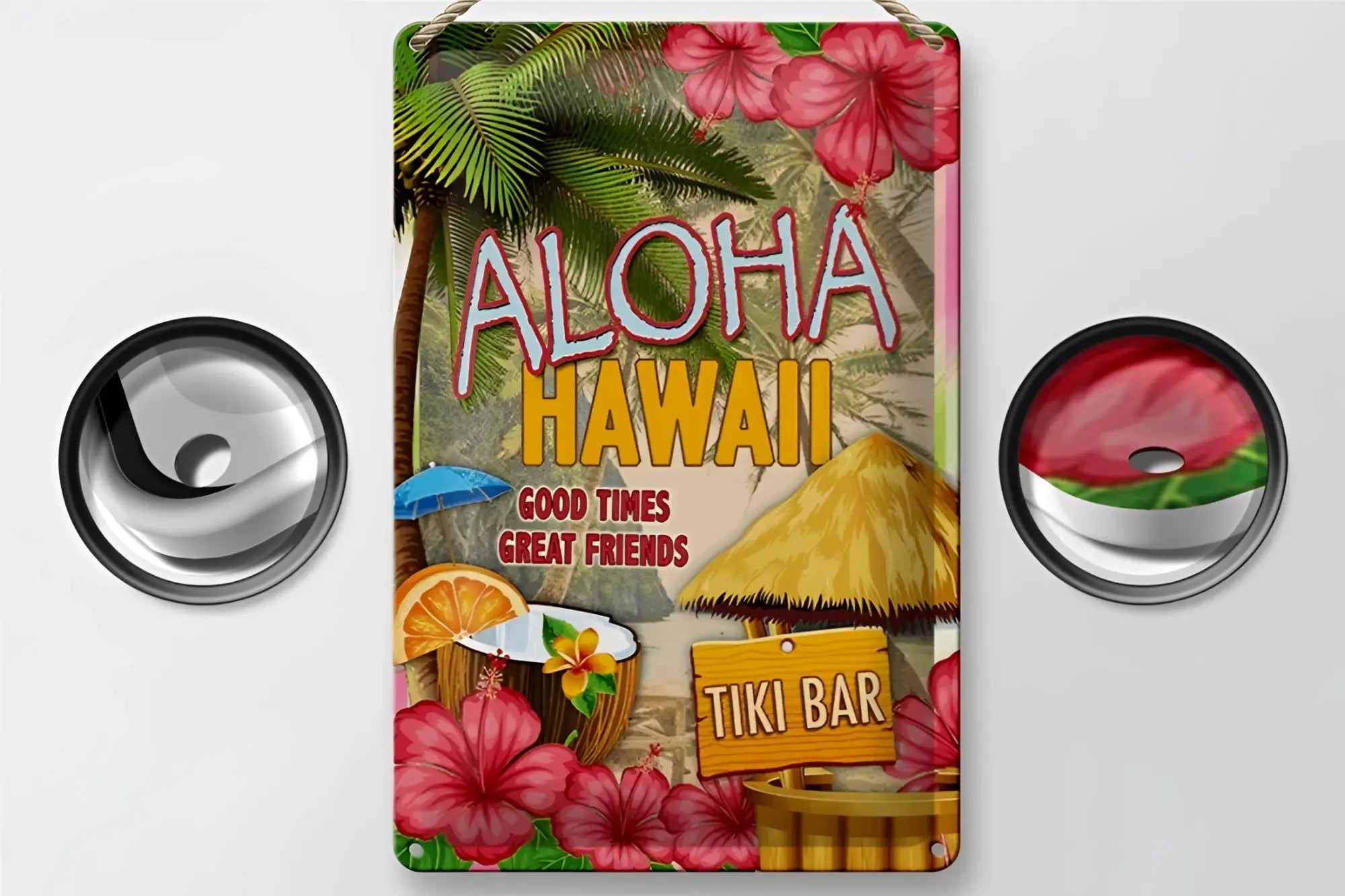 Aloha hawaii blechschild 20x30cm mit pinken hibiskusblumen palmwedeln tiki bar und spruch good times great friends