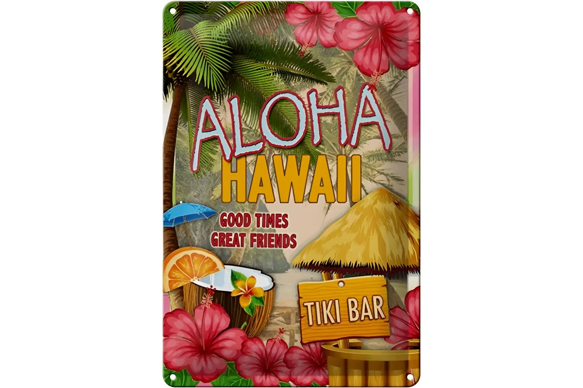 Aloha hawaii blechschild 20x30cm mit bunten hibiskusblumen, palmen, tiki bar und kräftigem rot-gelbem text