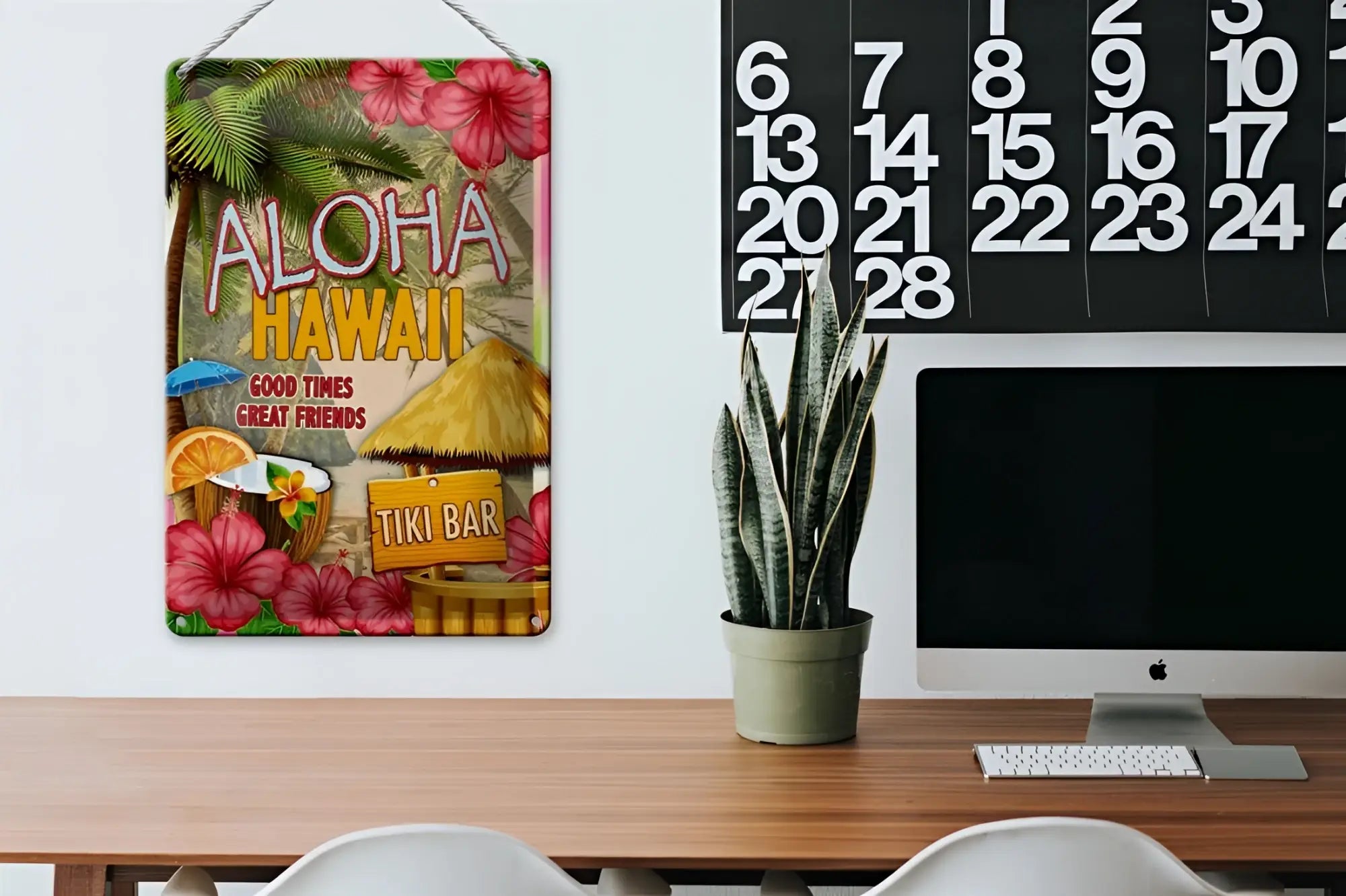 Aloha hawaii blechschild 20x30cm mit bunten tropischen blumen, palmen und tiki bar motiv in lebendigen farben