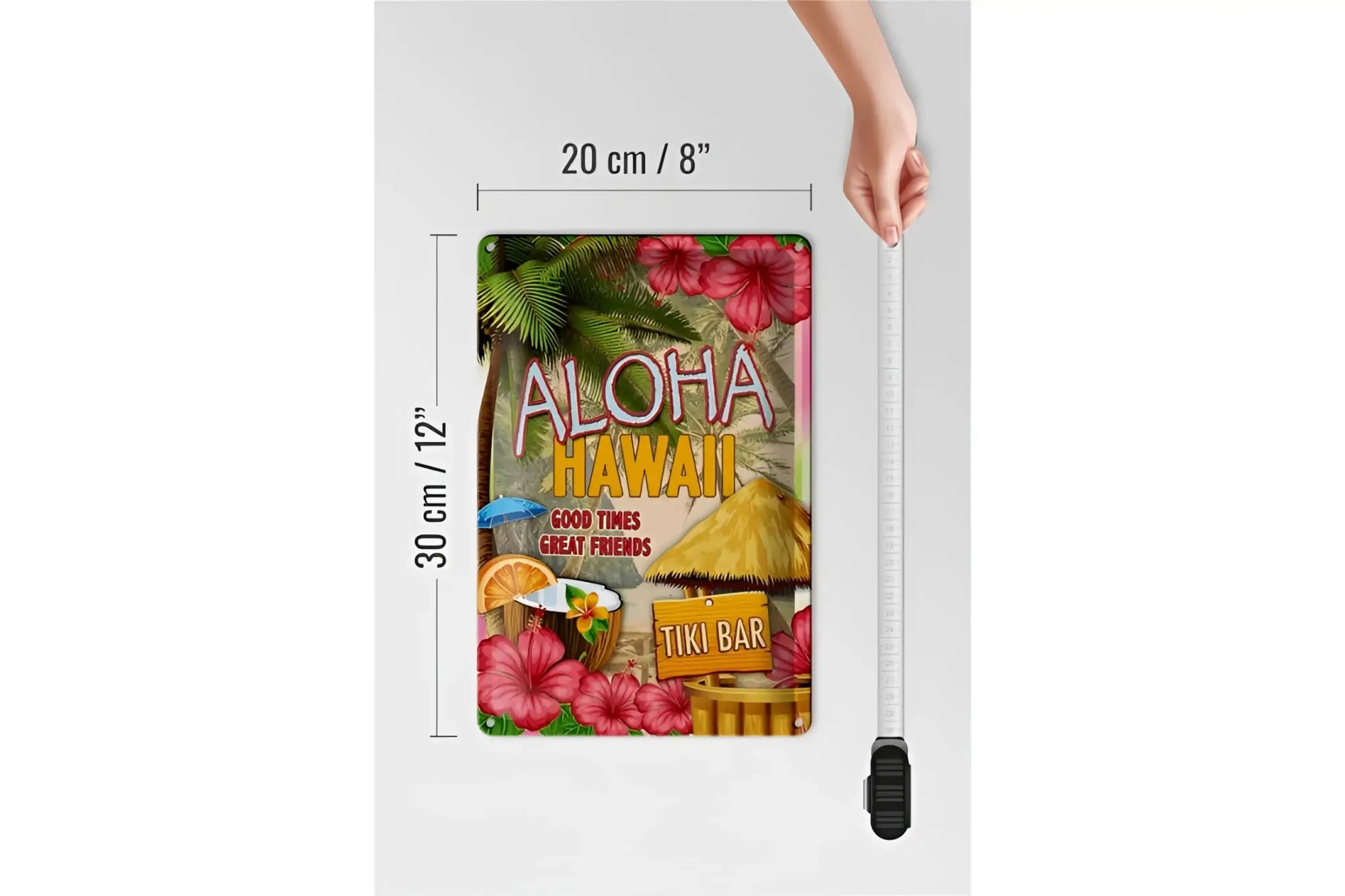 Aloha hawaii blechschild 20x30cm mit tropischen motiven pinken hibiskusblumen und tiki bar szene aus metall