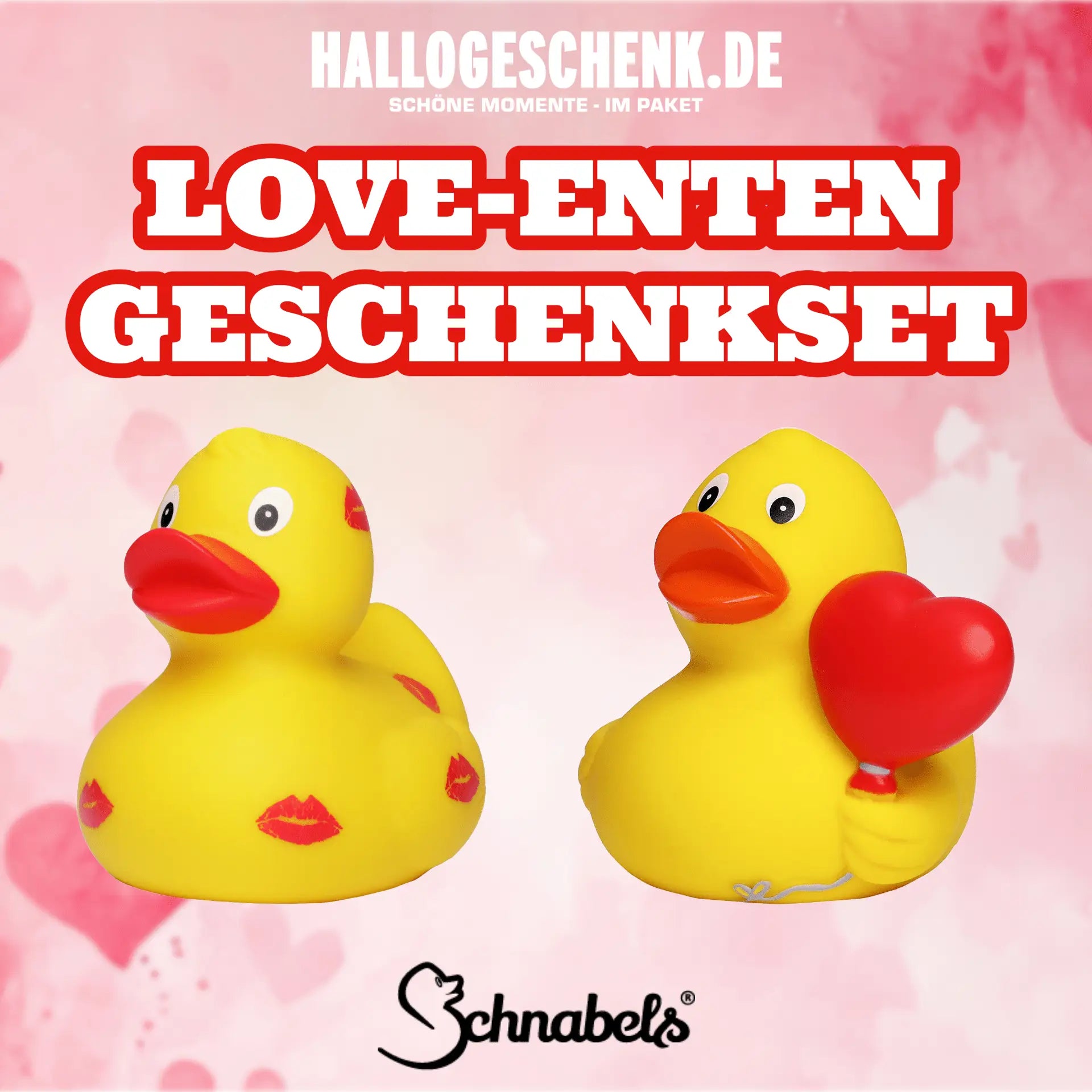 Gelbe badeente mit roten lippen und orangefarbenem schnabel hÀlt rotes herzballon im amor love liebe valentinstag set pvc