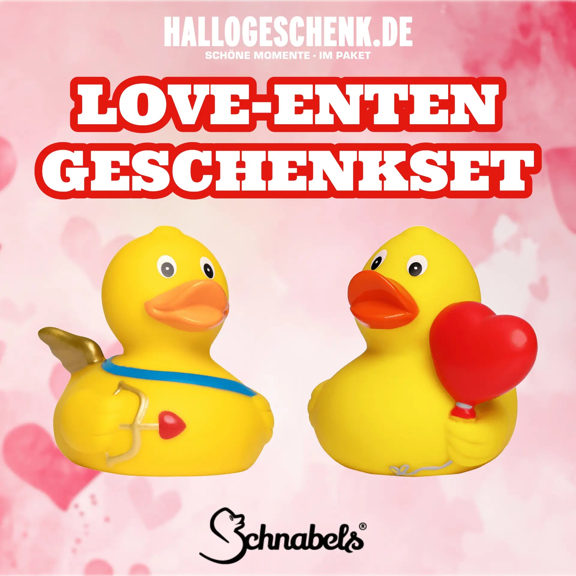 Gelbes pvc badeenten-set mit liebespaar eine mit goldenen flĂŒgeln und schleife die andere mit rotem herzballon