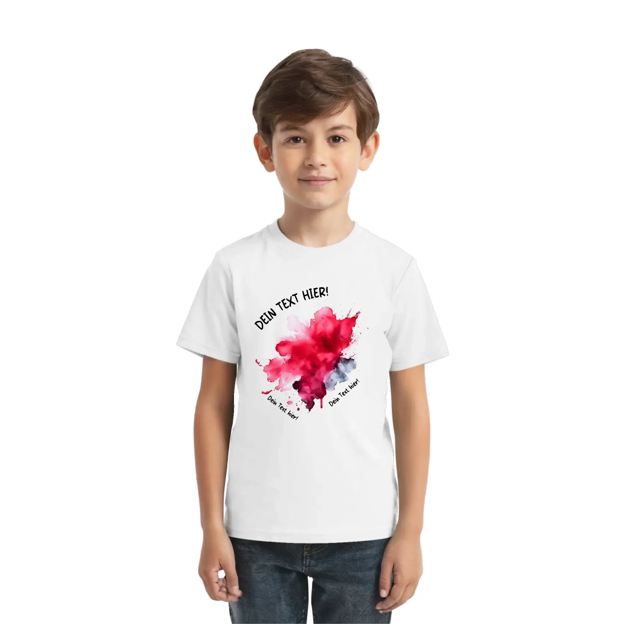 Weißer baumwoll t shirt mit rotem und blauem aquarell klecks design und anpassbarem wunschtext daraus