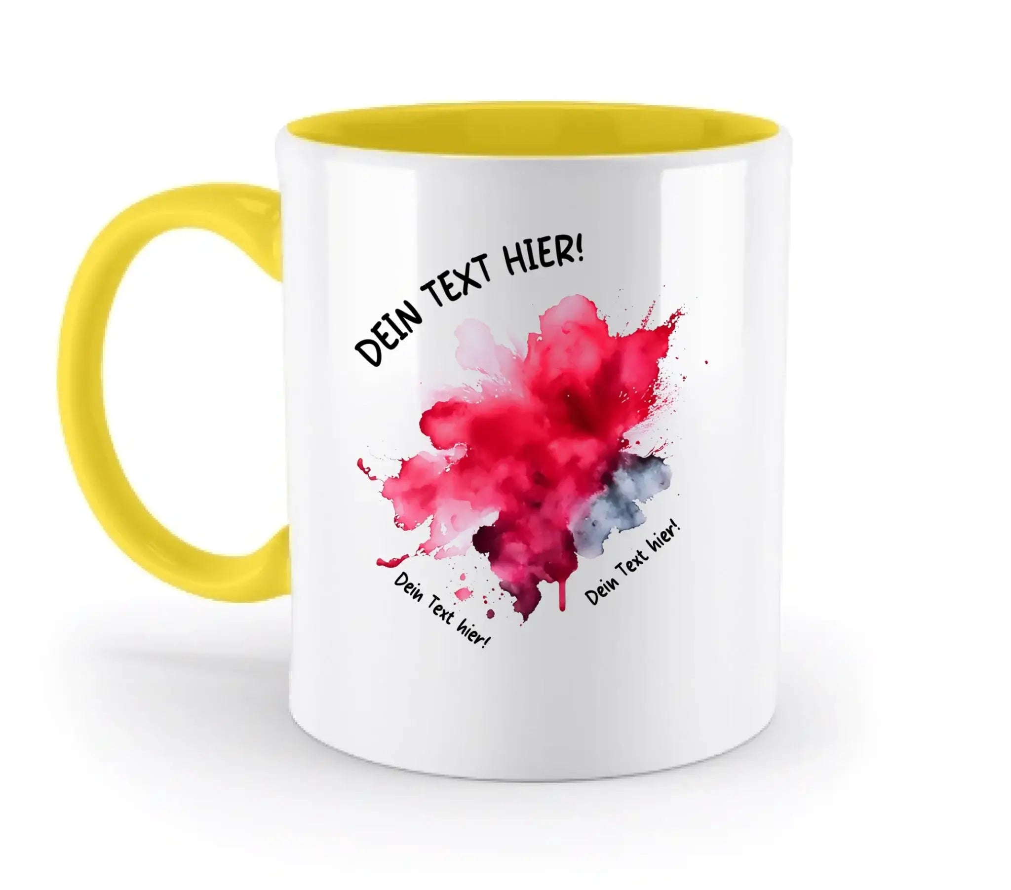 Weiße keramiktasse mit gelbem griff und innen sowie rotem und grauem wasserfarben-design aus der art-klecks statement-collection
