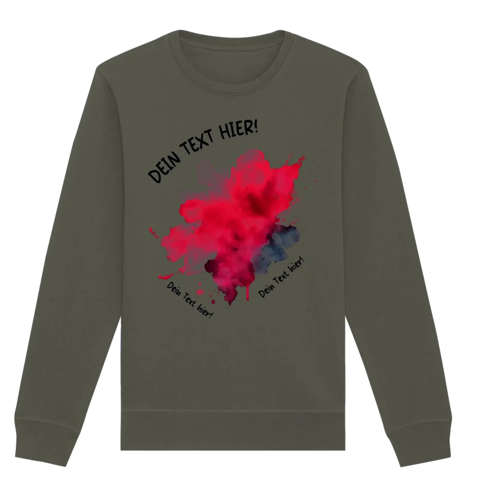Olivegrünes langarmshirt mit lebendigem rot dunkelblauem farbspritz-design und schwarzem platzhaltertext aus der statement-collection