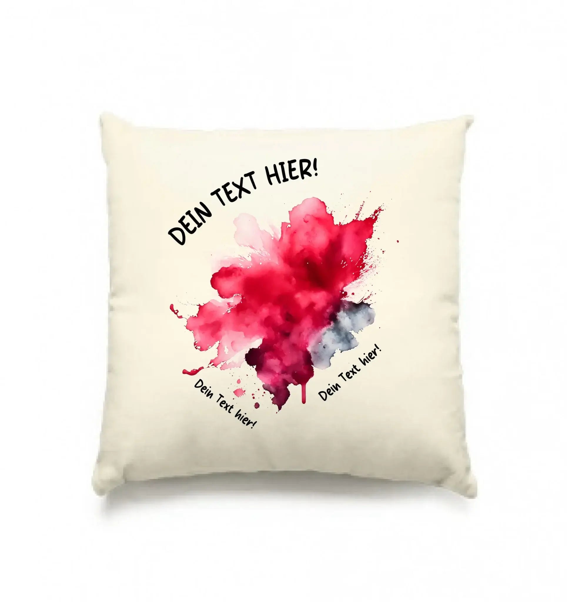 Cremefarbener kissenbezug mit lebendigem aquarellsplash in rot und grau sowie schwarzen textplatzhaltern aus der art-klecks statement-collection
